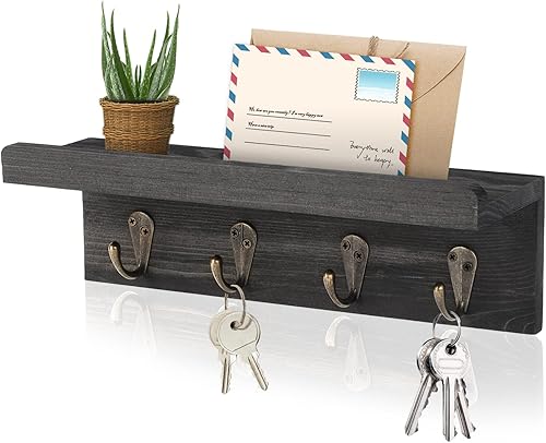 Miniatura 1 de HRONRAD Llavero rústico para pared, estante de pared de granja con 4 ganchos, estante para llaves montado en la pared, organizador de correo de