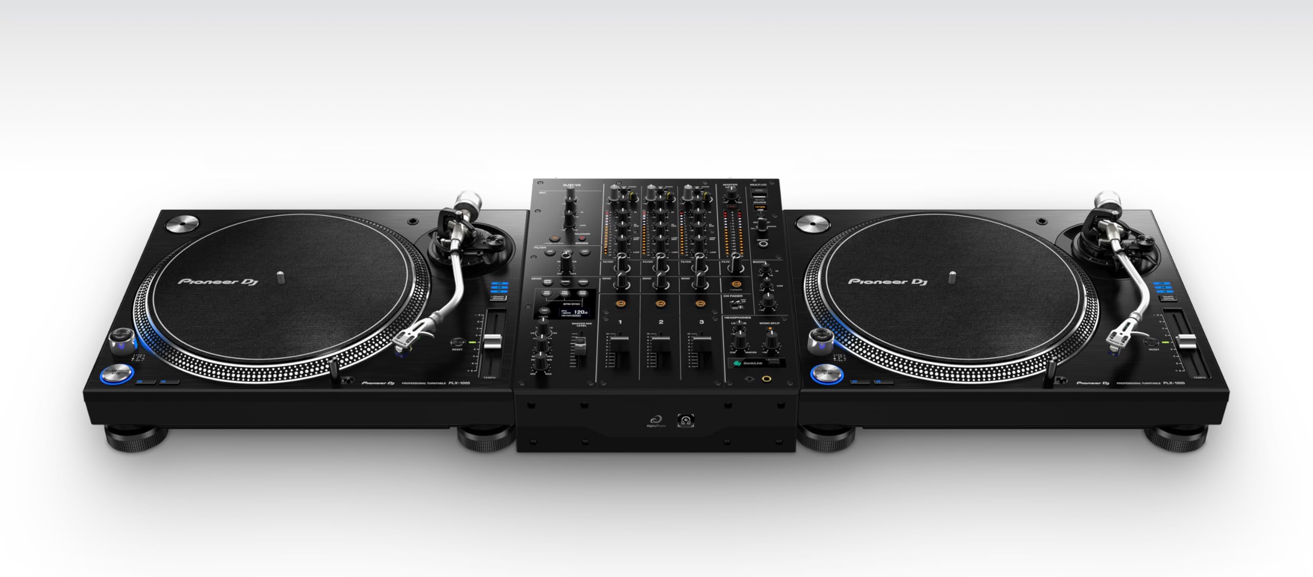 AlphaTheta Pioneer DJ DJM‑V5 Mezclador DJ profesional de 3 canales, AD/DA ESS de 32 bits, EQ de 4 bandas, Beat‑Synced Send FX, filtro cruzado, transmisor inalámbrico SonicLink, Pro DJ Link - Negro