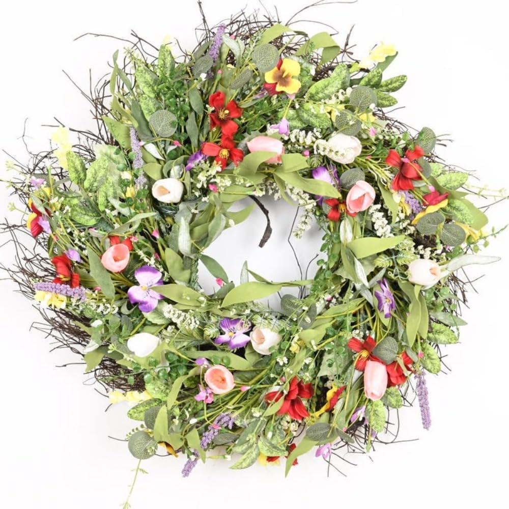 Spring Wreath for Front Door 24 Inch, Colorful Floral Wreath with Tulips and Pansies for Spring Summer Decor, Indoor Outdoor Welcome Wreath for Porch Entryway Wall