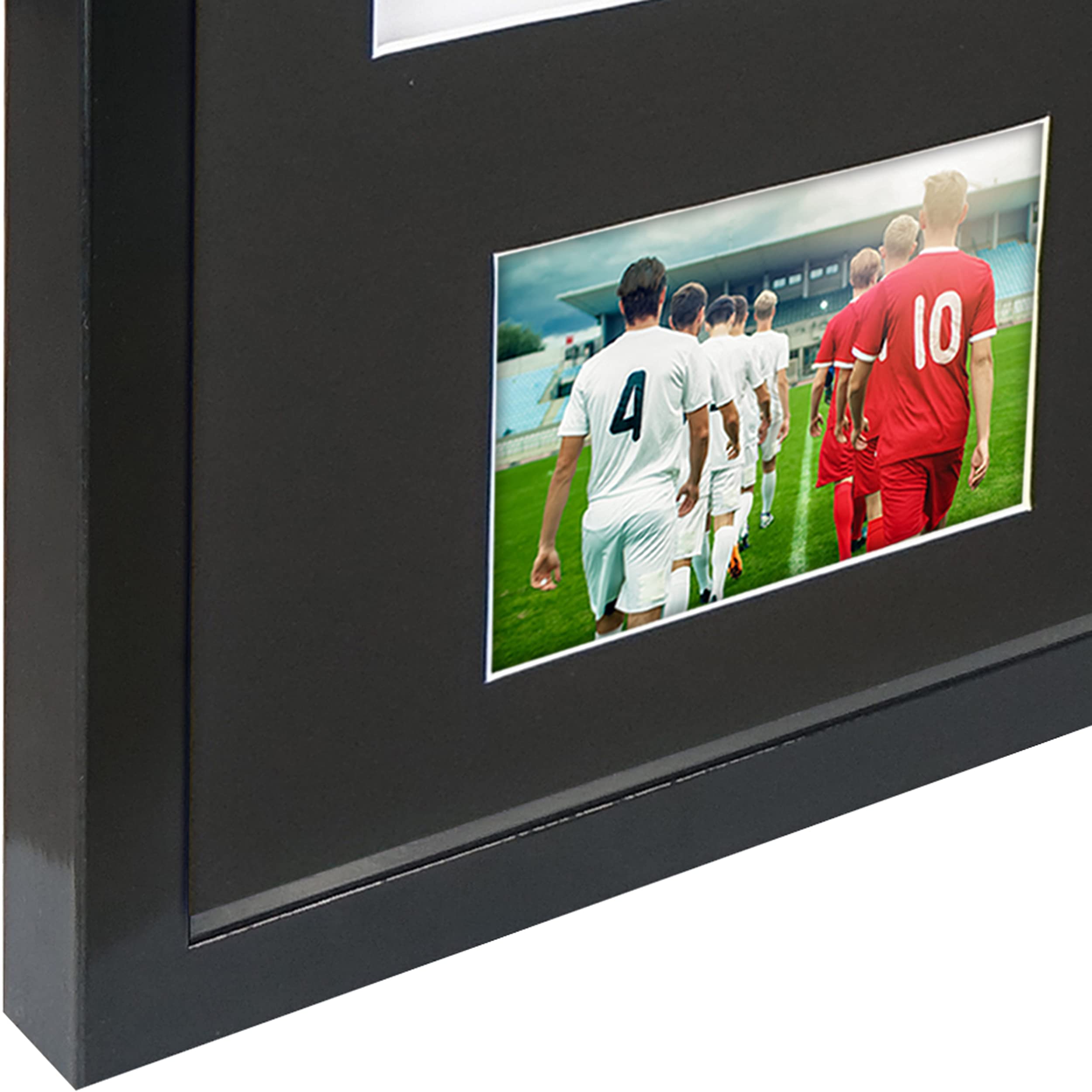 Vivarti DIY - Marco de visualización para camisa deportiva con doble apertura (50 x 70 cm), color negro brillante, soporte negro, tarjeta de respaldo blanca