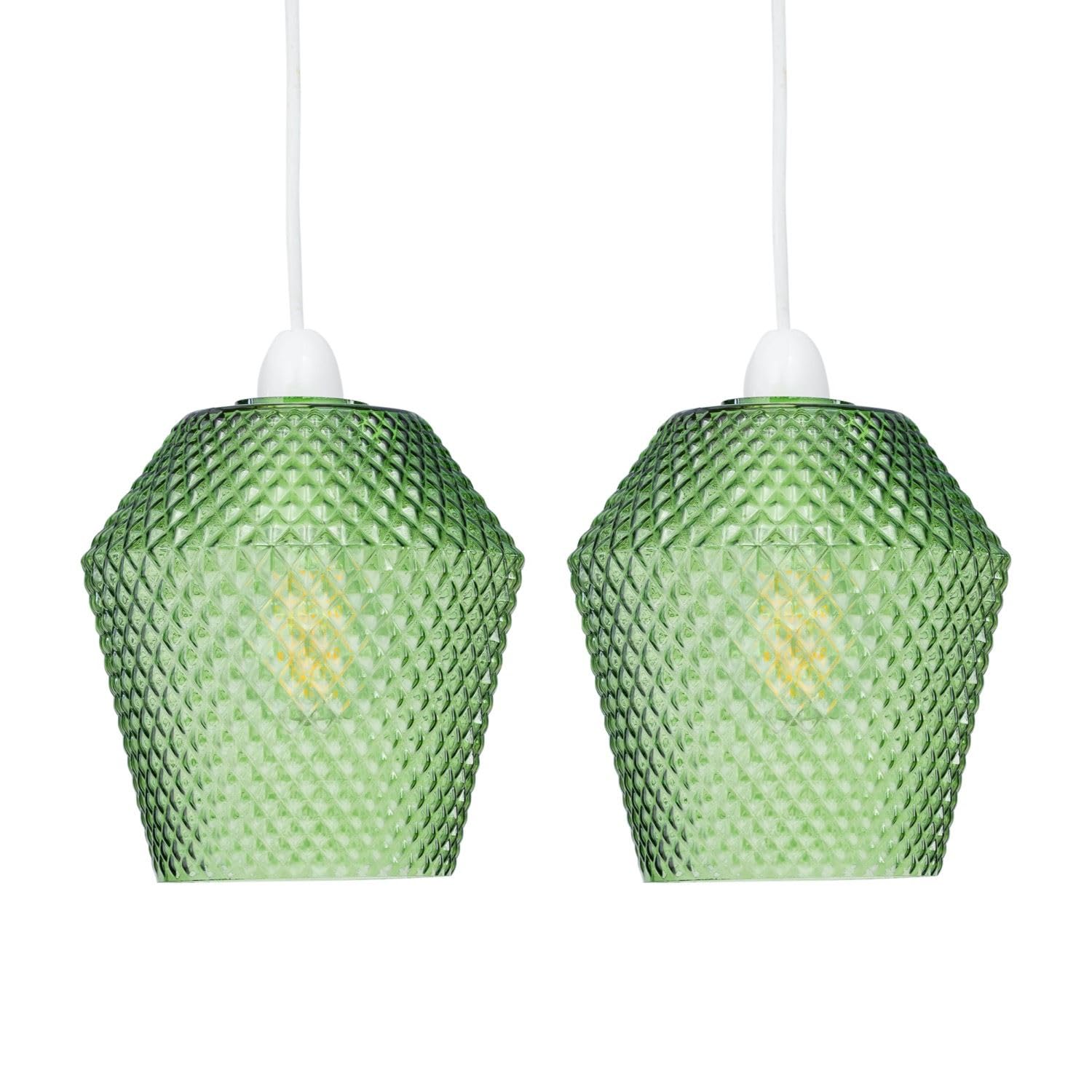 Firstchoicelighting Green Set Of 2 Glass Easy Fit Ceiling Lightshades Or Pendant Shades, Textured Glass, Height 17Cm Diameter 17Cm