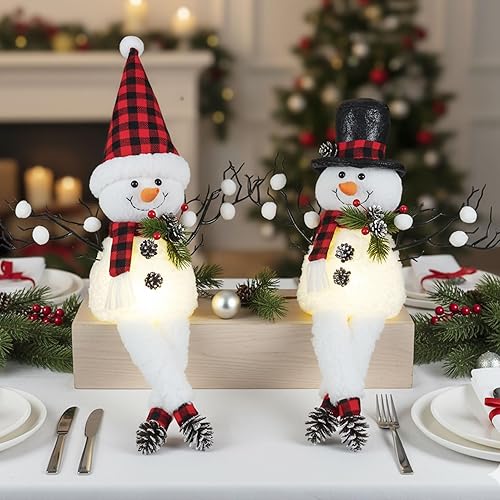 Miniatura 4 de Paquete de 2 decoraciones de mesa de Navidad, muñecos de nieve de felpa iluminados de 18 pulgadas con ramitas de cono de pino, regalo navideño de