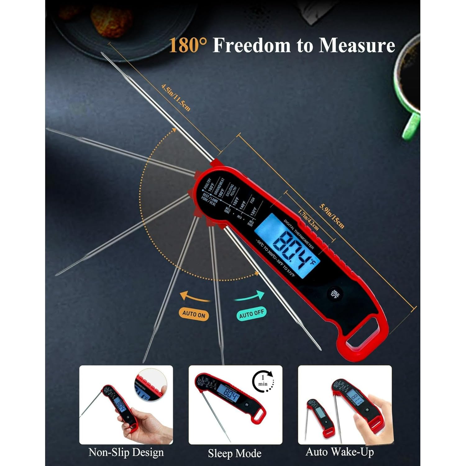 Digital Meat Thermometer,Instant Read Waterproof Food Thermometer with 180°Auto-Rotating Backlit Display for Kitchen, BBQ, Candy, Liquids