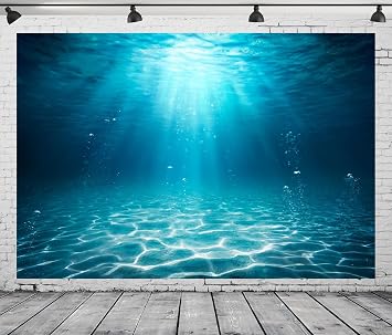 Fabric 7x5ft Blue Sea Underwater Backdrop Under the Sea Sunlight Seascape Background Through Water Surface Seabed Bubbles Background for Undersea Party Decor Mermaid Birthday Banner