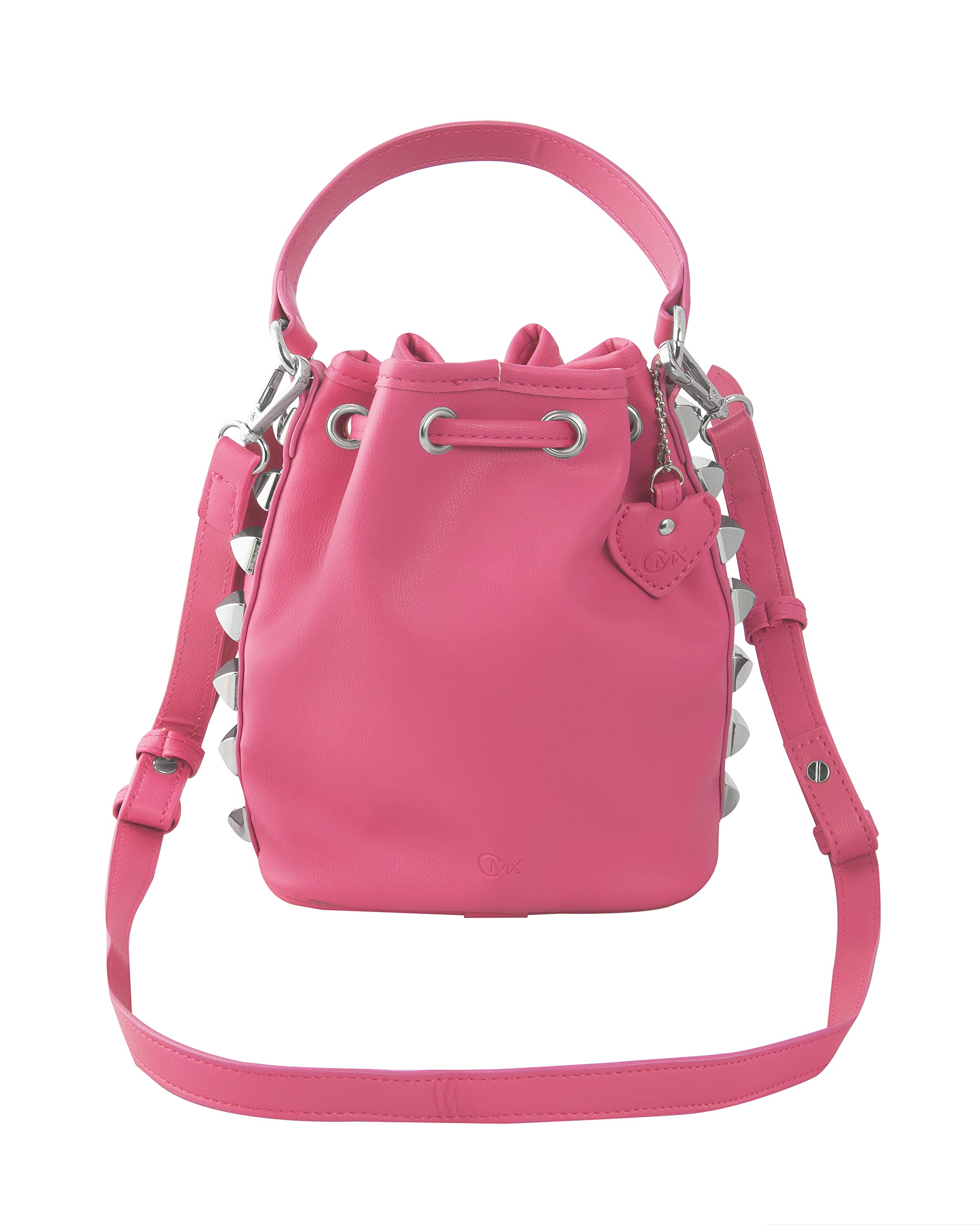 CMX STUDS - Borsa Donna e Ragazza Doppio Uso, a Mano o Borsa Tracolla Removibile e Regolabile, con Forma a Secchiello, Borchie Laterali + Charm Staccabile - Ideale per Regali Natale 16x10x21Hcm