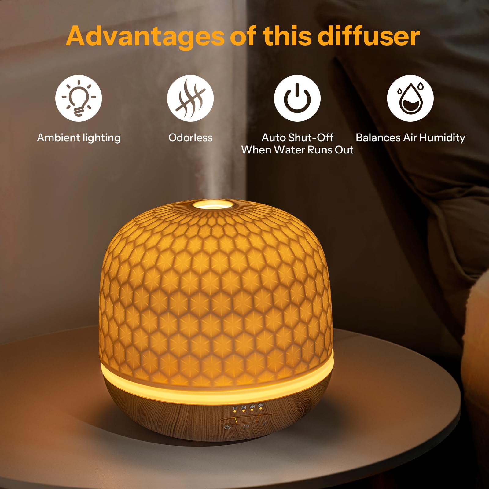 Difusor de cerámica, difusor de aceite esencial blanco de 500 ml, difusores ultrasónicos de aromaterapia para aceites esenciales, humidificador de niebla fría con temporizadores, luces