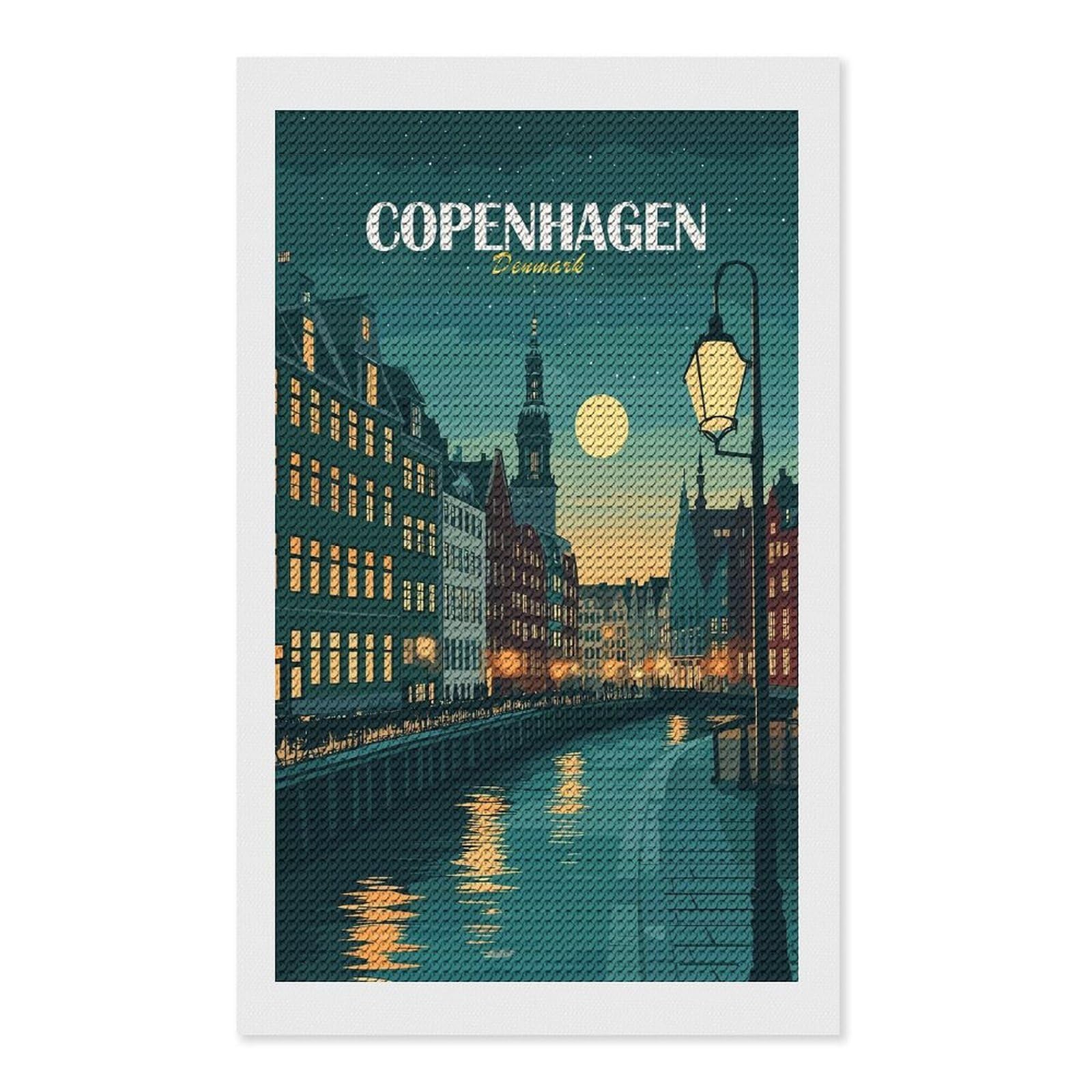 Junmoney Copenhagen, Denmark Cityscape at Night Diamond Art Canvas 12"x20", Easy to Follow Symbols, Finish and Display, Fun Craft Experience, Aesthetic Room Decor