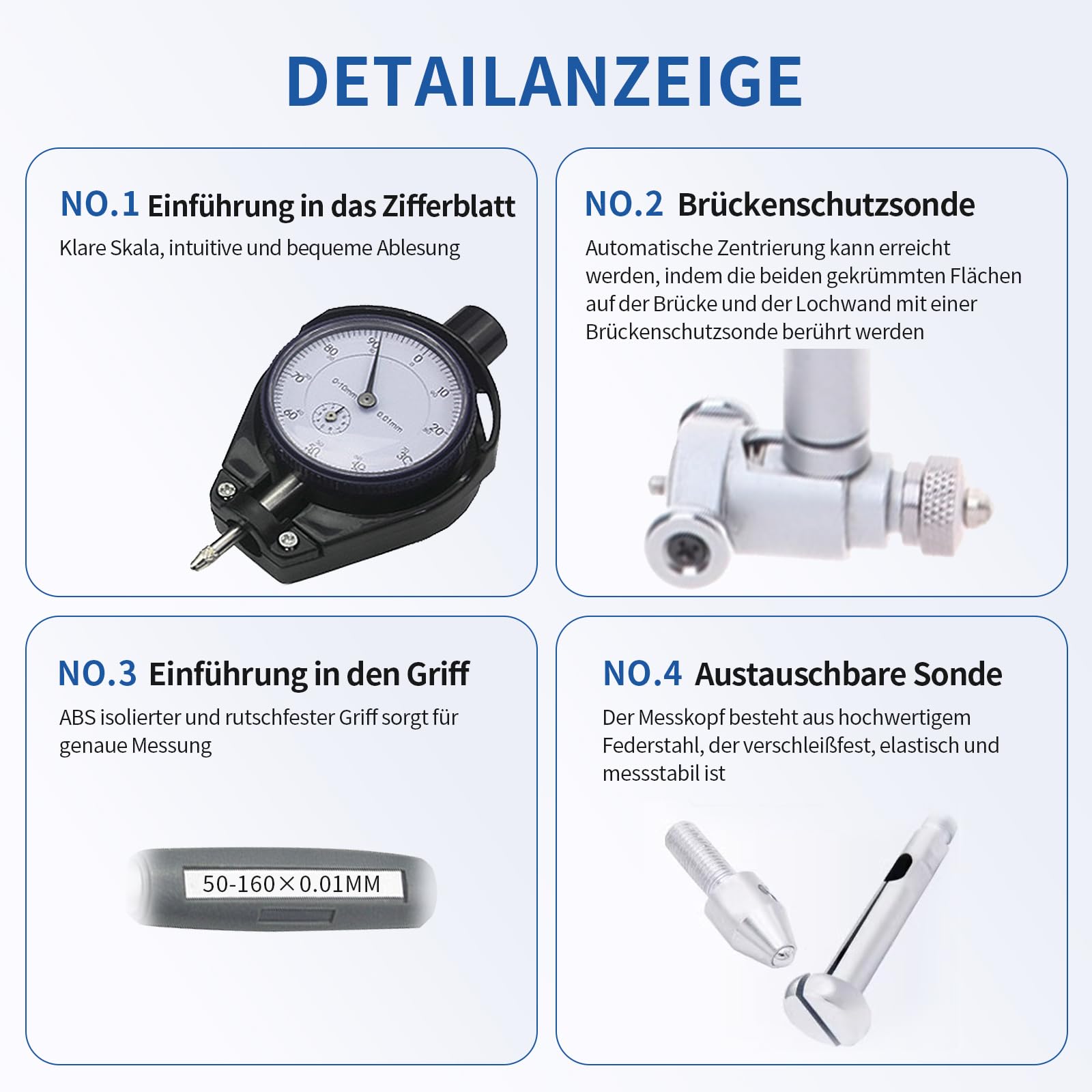 Innenmikrometer, Bohrungslehre Messuhr set 50-160mm Hohe Präzision 0,001mm Messuhr mit 12 Sonden, Innendurchmesser Messuhr Dial Bore Gauge Industriemesswerkzeug