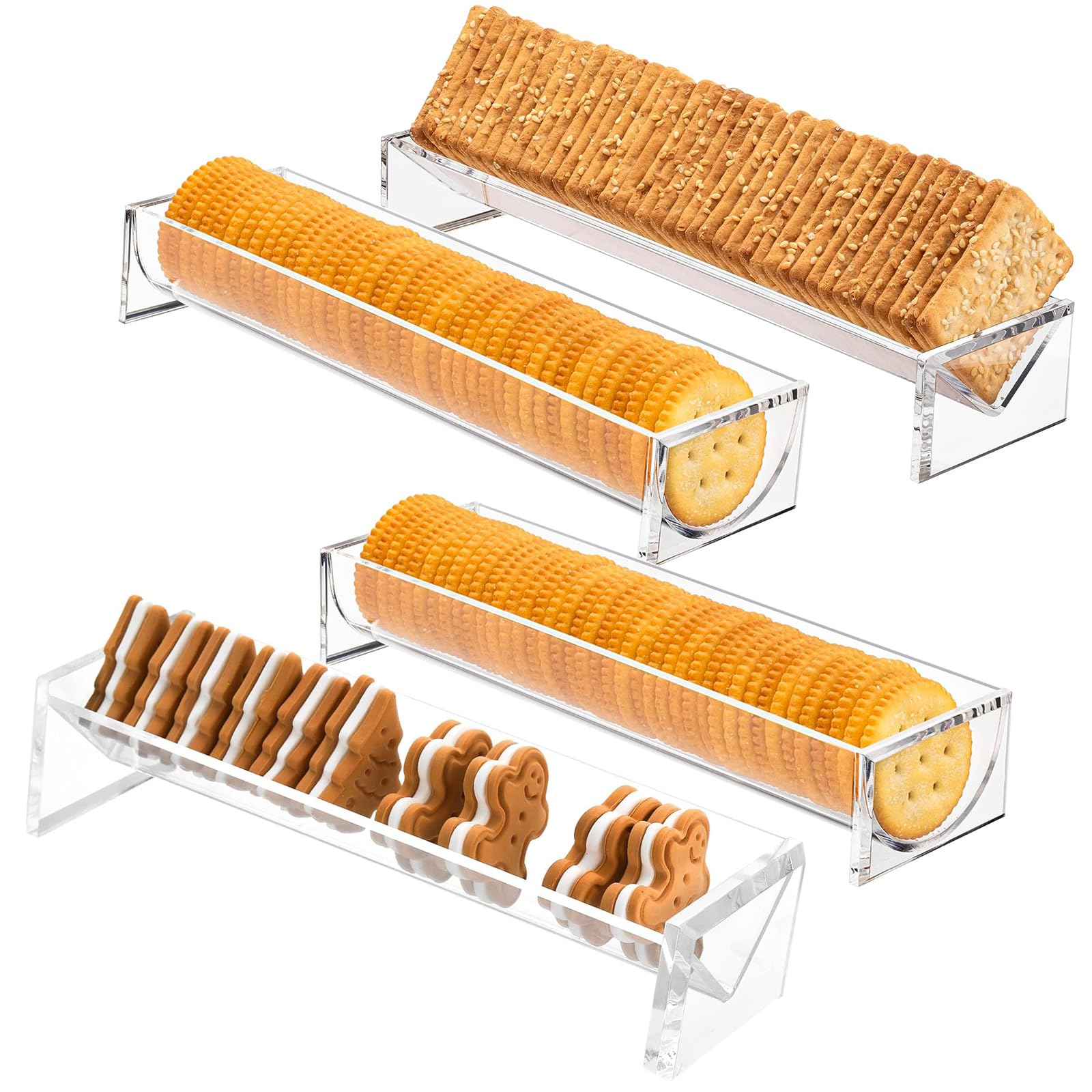 4Pcs Cracker Tray for Serving Clear,Acrylic Cracker Serving Tray,Macaron Display Trays Biscuit Holder Stand,Rectangular and Round Dessert Snack Stands for Wedding Home Party