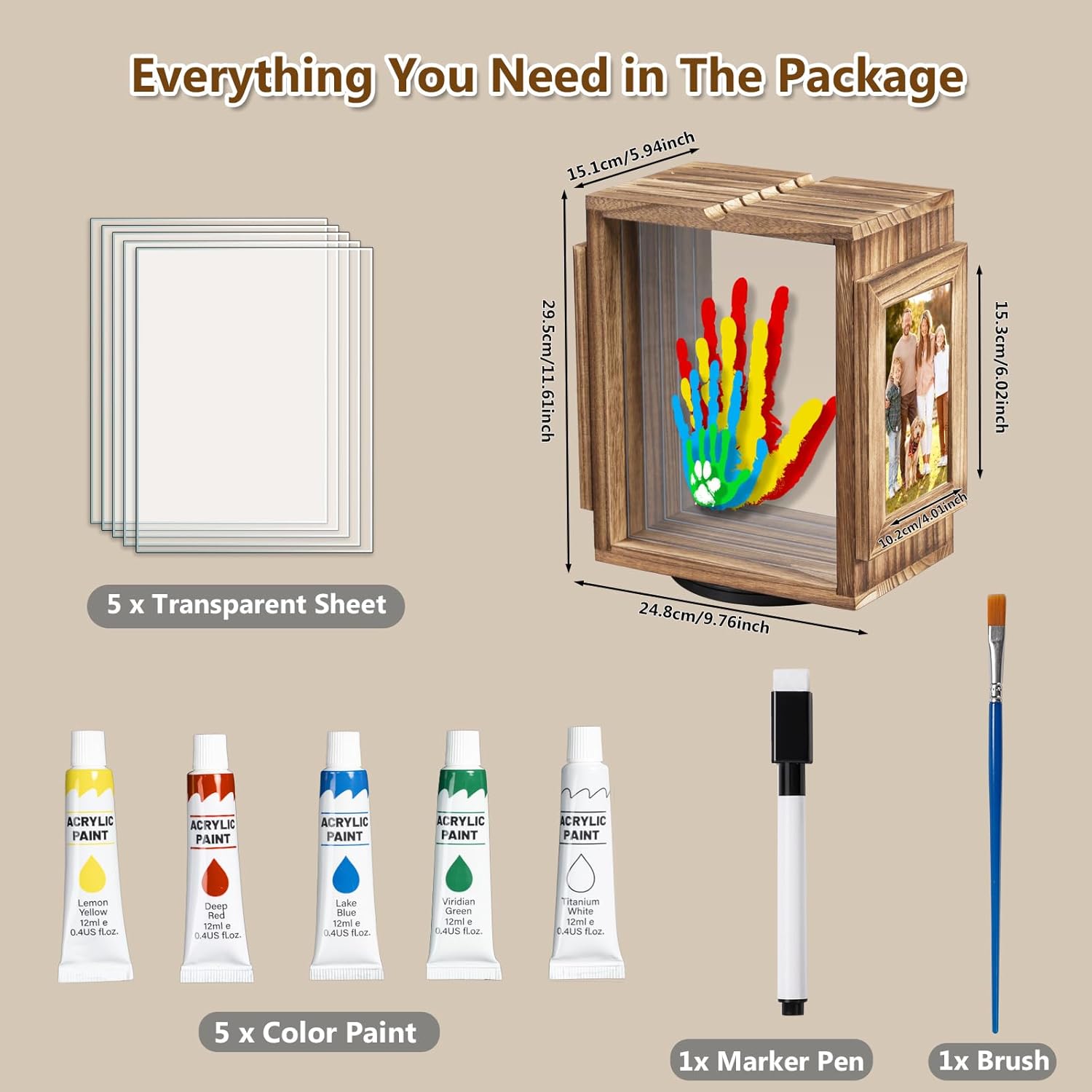 Emfogo 360 Rotating Family Handprint Kit, DIY Craft Keepsake Wooden Frame, Baby Footprint Kit, 5 Paint Colors Included, Non-Toxic Paints&Transparent Sheets, Gifts for Handprint Family Keepsake（Brown）