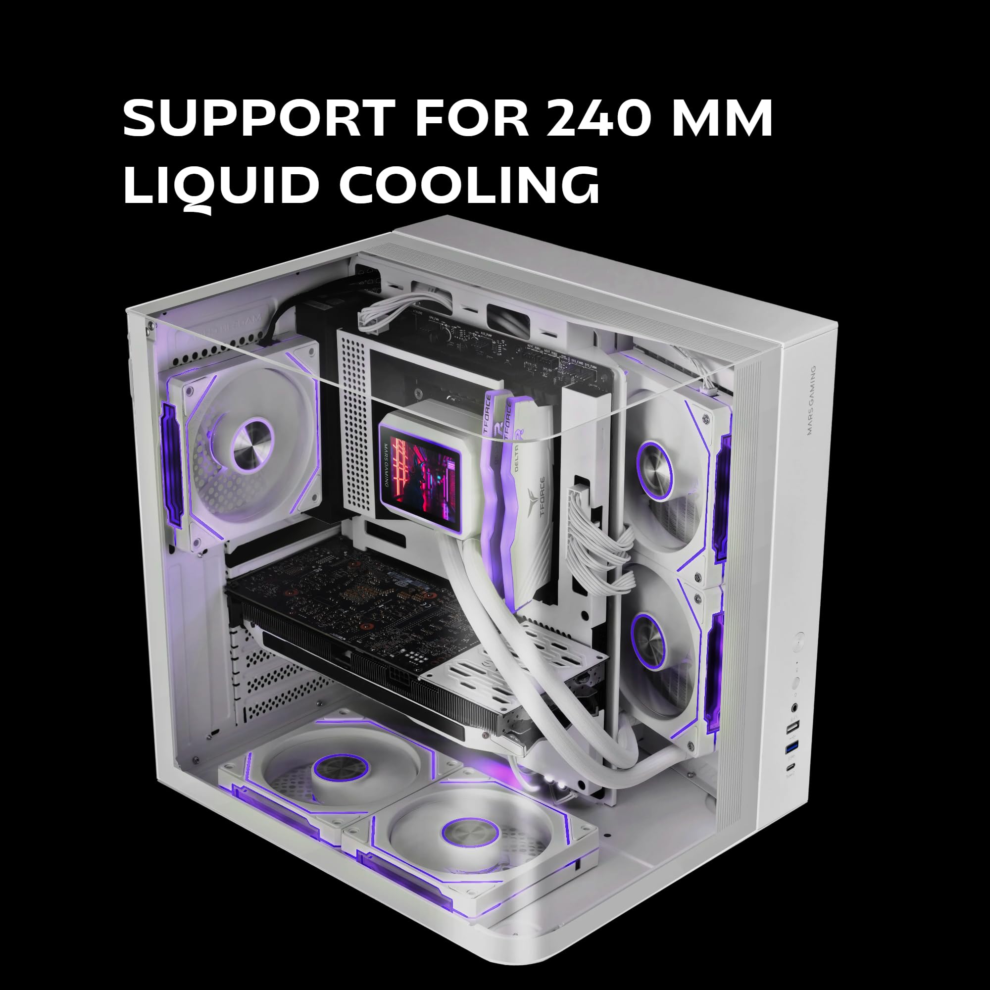Mars Gaming MC-INFINIOLITE, Case Gaming ATX, Vetro Temperato Curvo Continuo Senza Cornice, Pannello Superiore in Vetro, Struttura a Doppia Camera, Supporto Raffreddamento Liquido fino a 240mm, Bianco