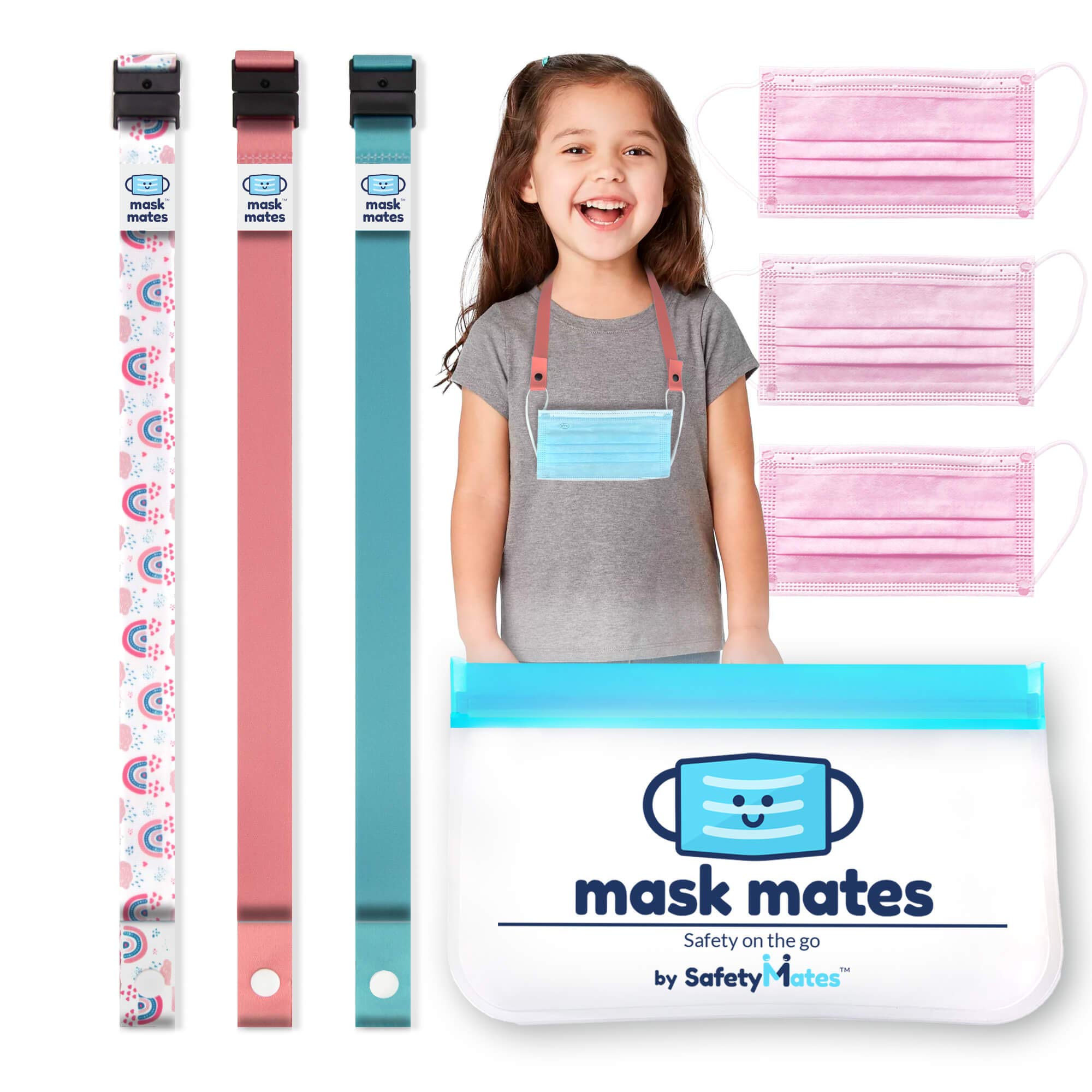 MaskMates - Mask Lanyard for Kids - Rainbow Bundle - Kids Mask Lanyard with Disposable Face Masks for Kids and Mask Storage Case - Mask Holder for Kids - Kids Face Mask Lanyard - Pink Teal - Girls