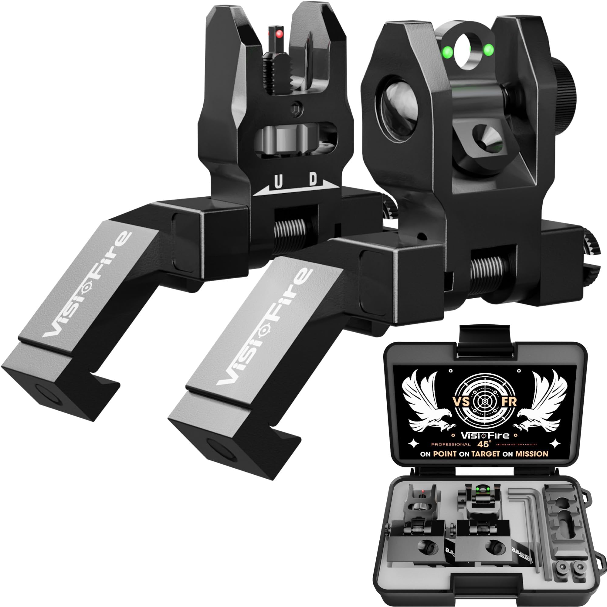 45 Degree Offset Iron Sights| Flip Up Fiber Optic Sights with Red Green Dots| Tool-Free Adjustable Back Up Canted Iron Sights Rapid Transition