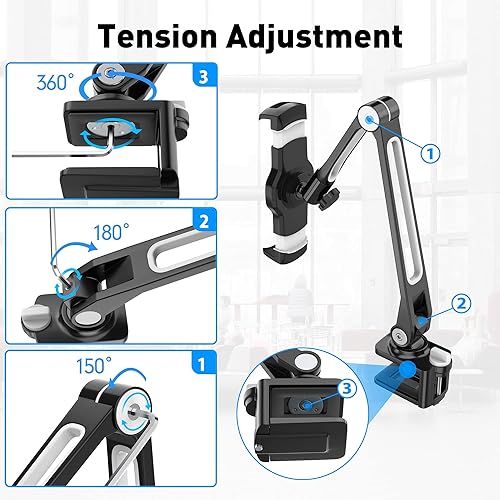 Miniatura 5 de AboveTEK Soporte de escritorio para iPad, soporte ajustable multiángulo para tableta, brazo giratorio de 360, soporte de abrazadera de aluminio para