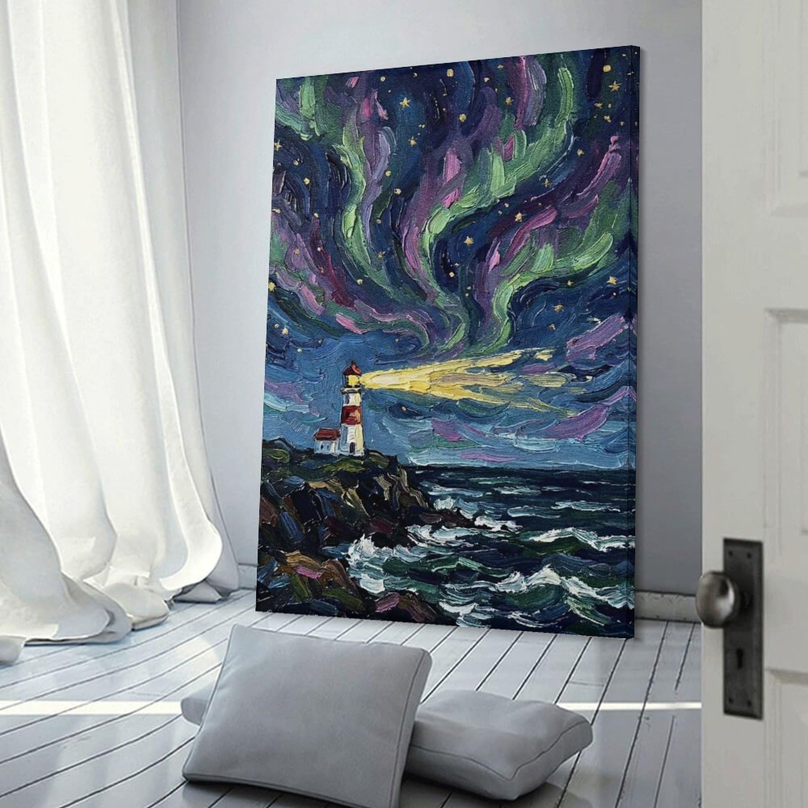 Junmoney Room Decor Wall Art Lighthouse Under The Northern Lights, 24x36inch(60x90cm), for Entrance Spaces, Stair Walls Or Halls, Home Artwork for First Impressions