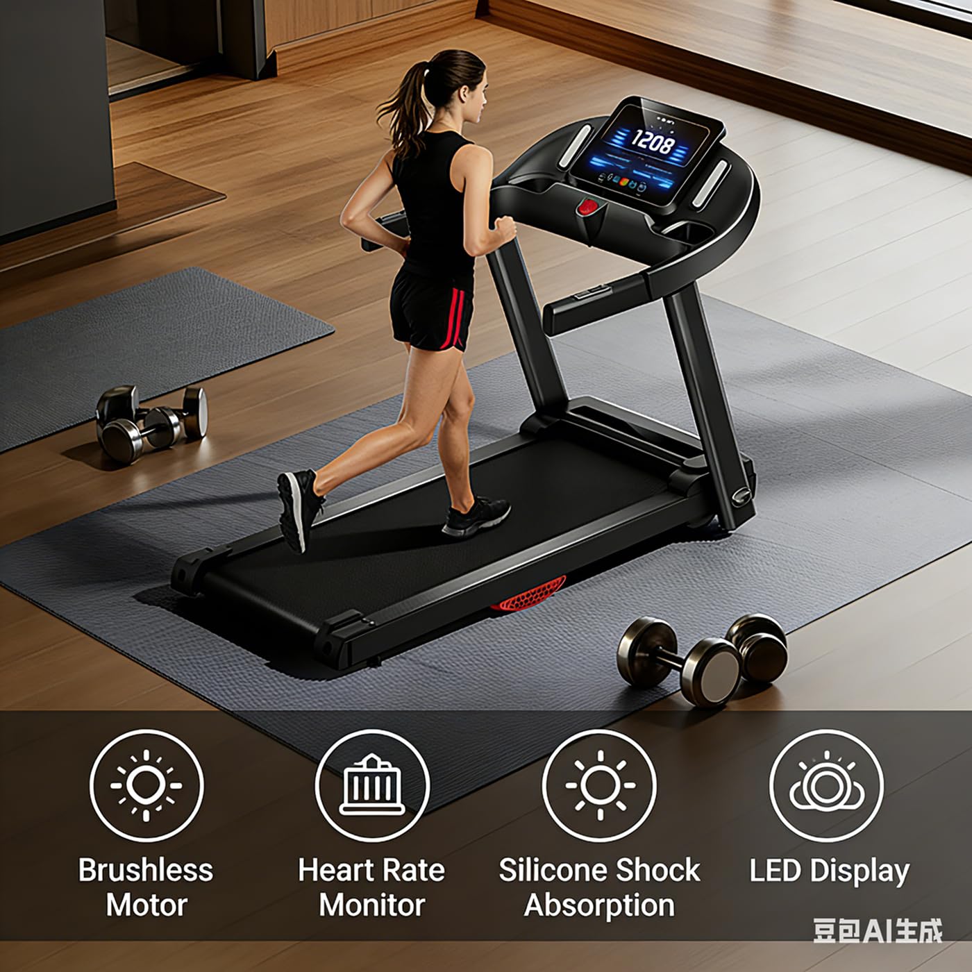 Składana ławka bieżni 15% nachylenia, cichy silnik bezszczotkowy 3,0 HP <45dB | 12+3 inteligentne programy | 7-warstwowa amortyzacja, czujniki cardio | oszczędność miejsca, maks. 136 kg