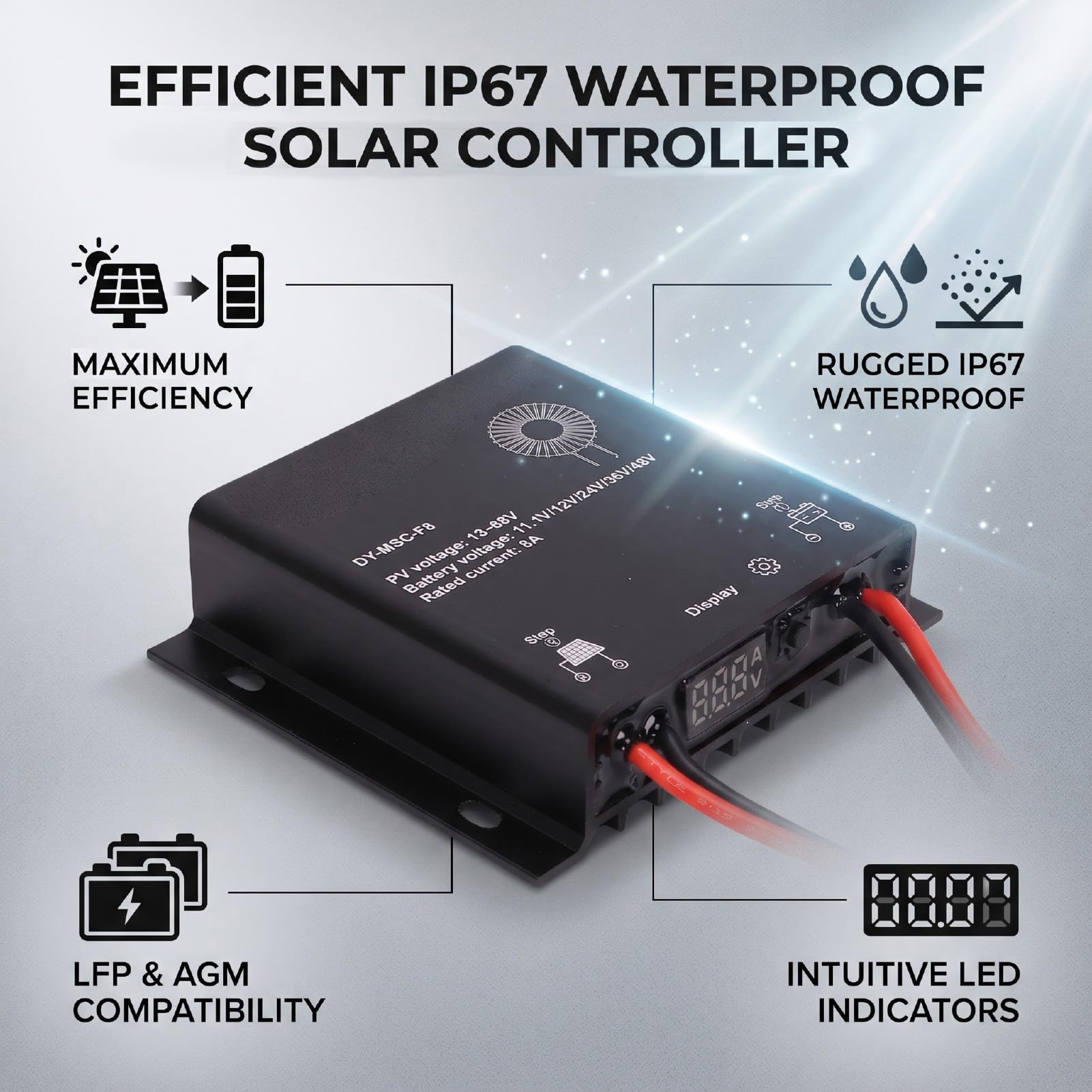 Marhynchus Contrôleur de Charge Solaire MPPT 8A 150W IP67 étanche pour