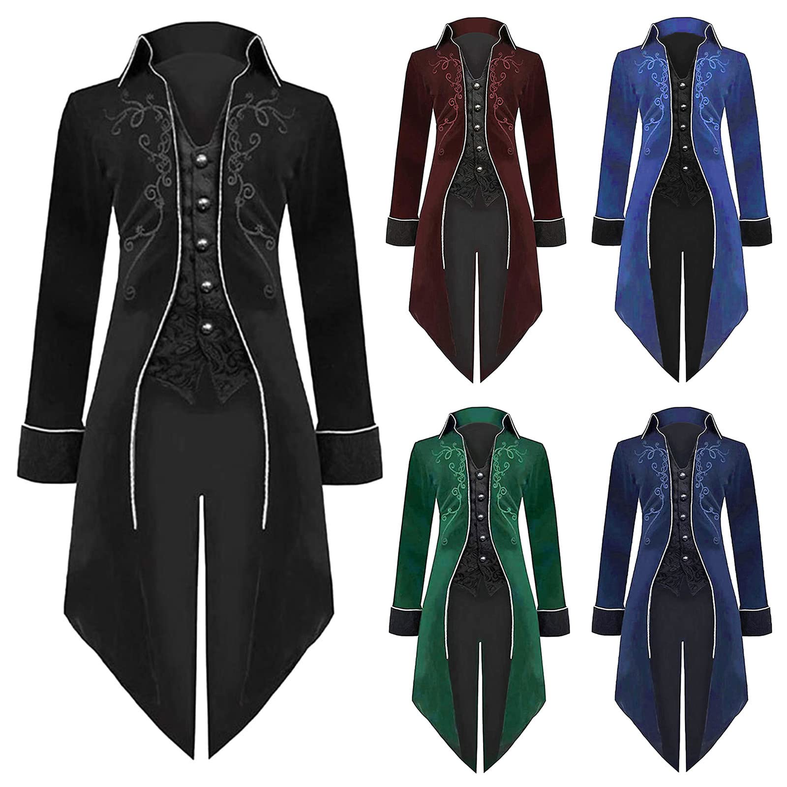 Manteau Femme Long Gothique Queue de Pie Retro Veste Steampunk col v boutonnée Jacquard Smoking Costume Medieval Grande Taille Manche Longue Redingote Slim fit Deguisement Carnaval