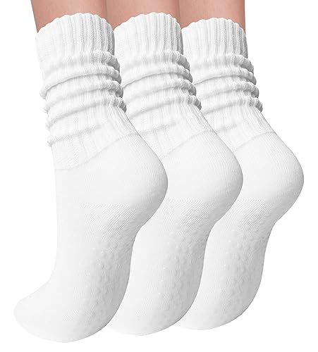 Elapse Space 3 Pairs Pilates Socks with Grips for Women Yoga Slouch Grippy Socks for Barre Workout Hospital - 3 Pairs-white/White/White - One Size