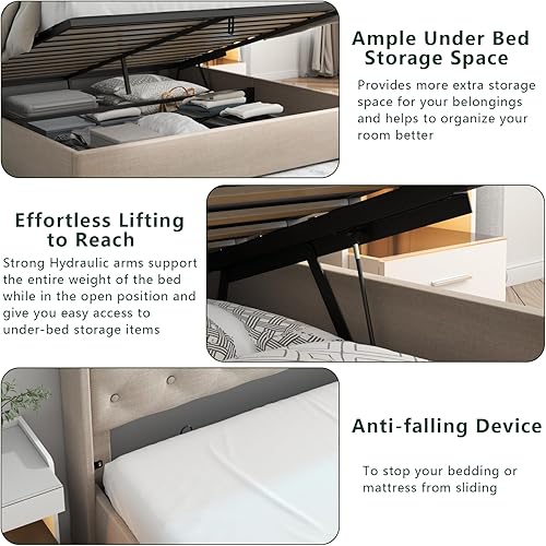 Miniatura 23 de Loomie Base de cama King con estación de carga y luces LED, cama tapizada con cabecera de almacenamiento copetuda con botones, almacenamiento Gris