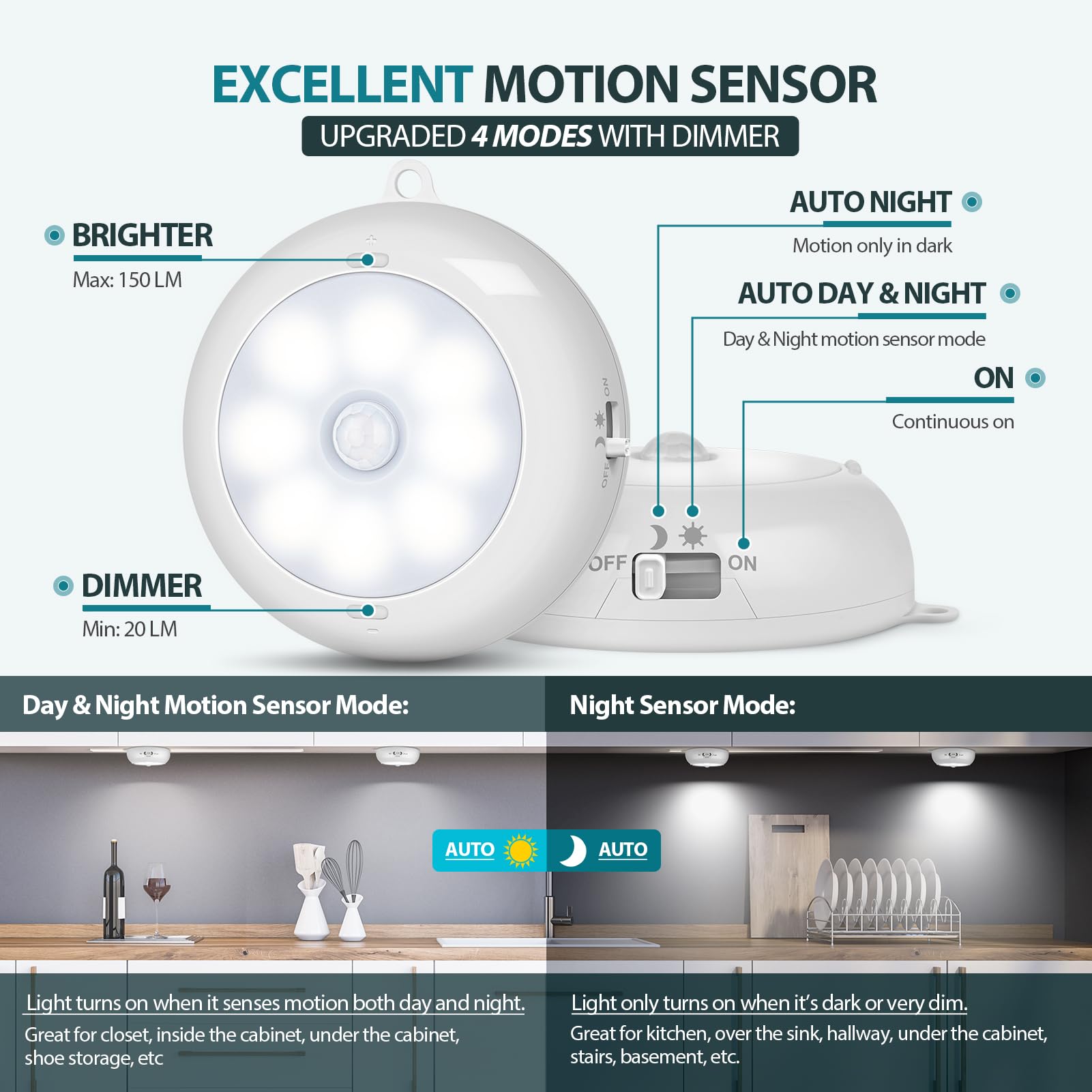 Reoshine Luz con sensor de movimiento para interiores, luces LED nocturnas para armario, luces debajo del gabinete, funciona con pilas AA, luces de disco inalámbricas para pared, escalón, escalera