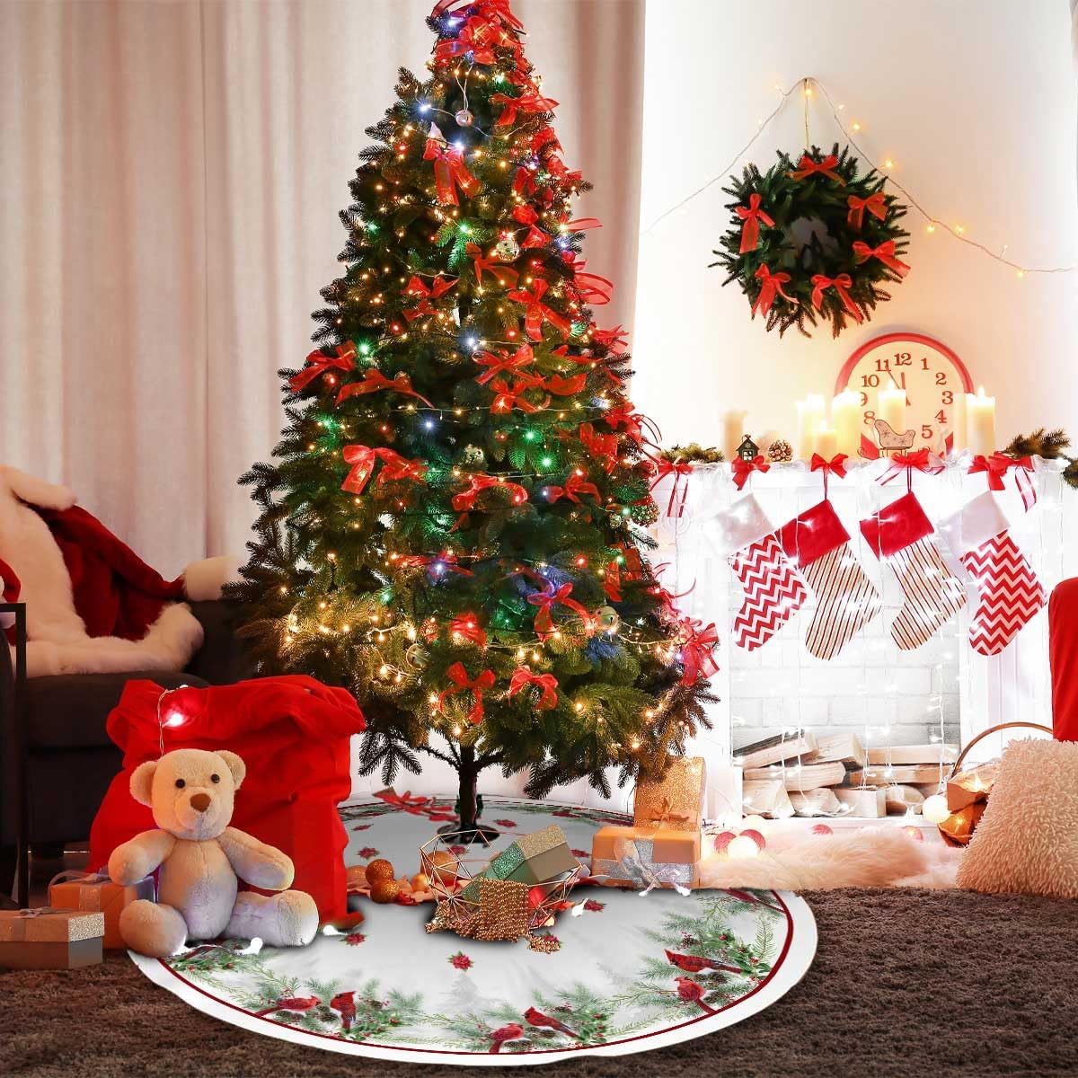 Christmas Tree Skirt 36Inches Winter Cardinal Birds Xmas Tree Skirt, Red Poinsettia Floral Holly Leaves Christmas Tree Mat for Home Party Holiday Indoor Outdoor Decorations (White, 36in)