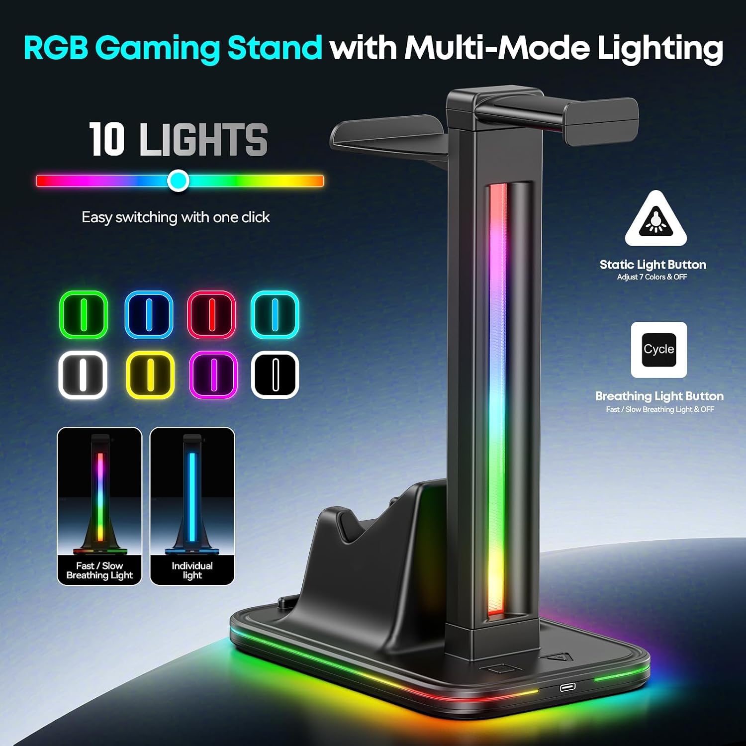 Supporto per cuffie e controller 4 in 1 per scrivania, supporto per cuffie rotante a 360° con supporto per telefono, 10 modalità RGB per accessori da gioco Mesa Gamer, P5/SW/Xbx Levitating Gaming