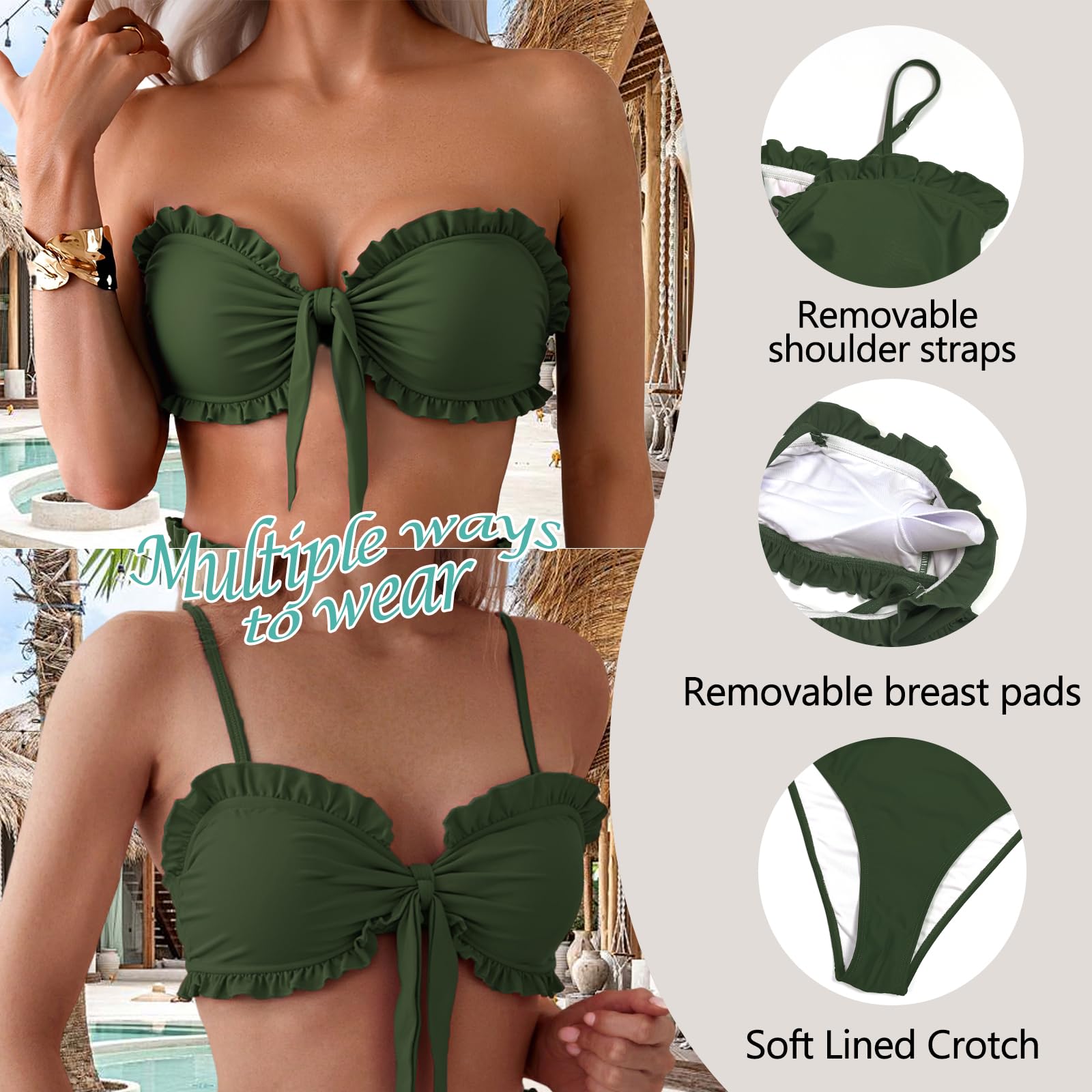 OUSIMEN Damski zestaw bikini z regulowanymi ramiączkami, dekolt w kształcie litery V, falbanki, węzły motylkowe, moda kąpielowa, dwuczęściowy strój kąpielowy