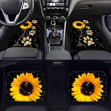 Howilath Sunflowers Gold Dog Paw Print 4 Pcs Auto Floor Mat Car Front & Back Floor Carpet Non Slip Anti Dirty Foot Pad Rug Automotive Rose Accessories