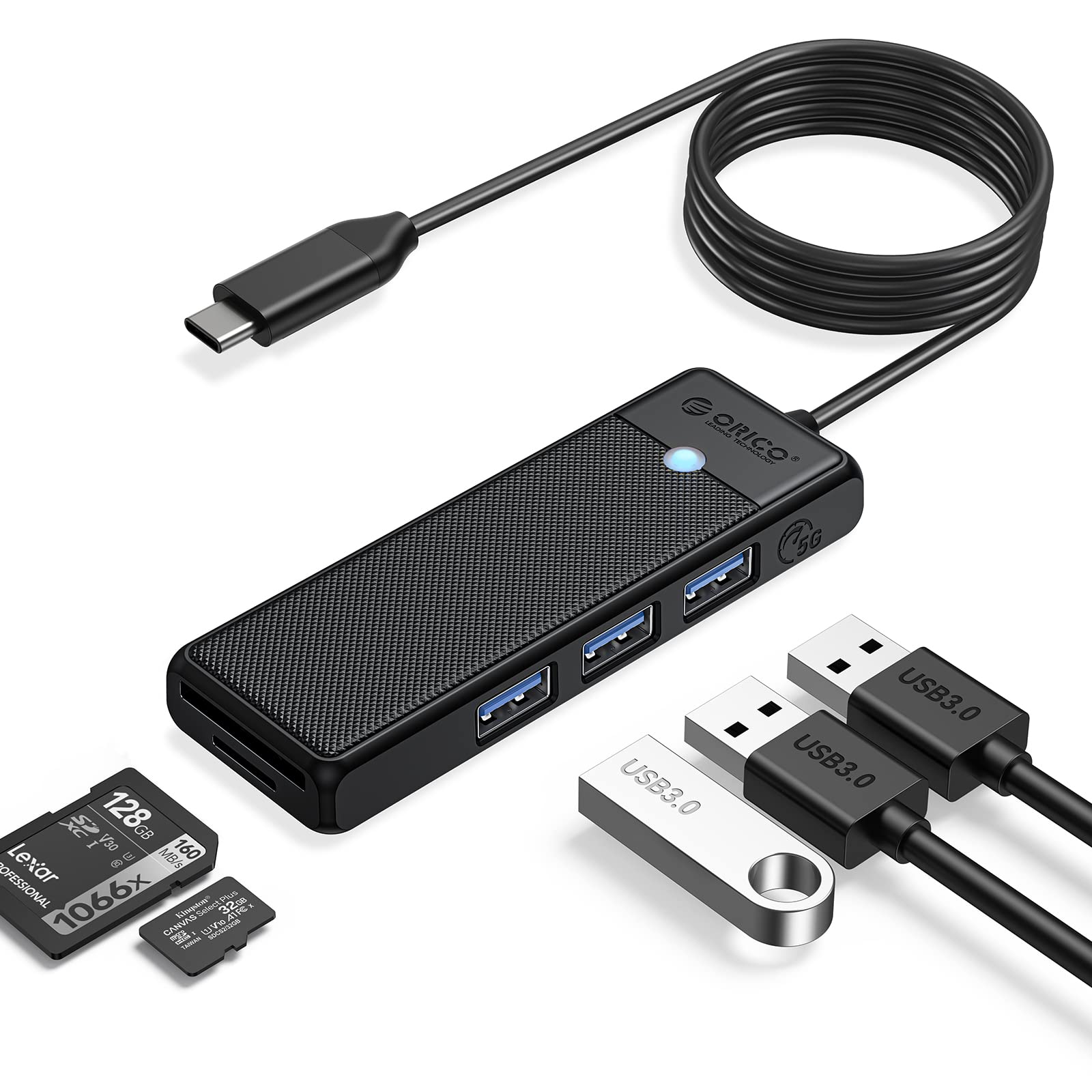 ORICO Hub USB 3.0, Hub USB C con Lettore di Schede SD/TF, Mini USB 3.0 a 3 Porte, USB Multiporta per MacBook Pro/air, iMac, Notebook PC, Flash Drive, Fotocamera, Tastiera, Mouse (1,8 M, Nero)