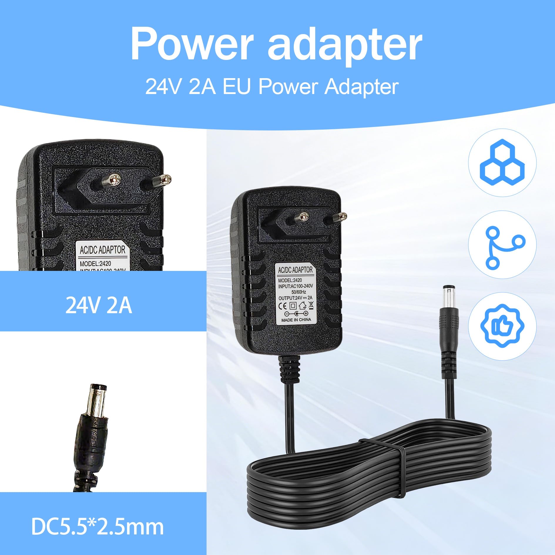 Uniwersalny zasilacz 24 V 2 A, zasilacz AC DC do urządzeń elektronicznych, konwerter zasilania AC 100V-240V na DC 24V, zawiera standardowe złącze 5,5 x 2,5 mm z pełną ochroną