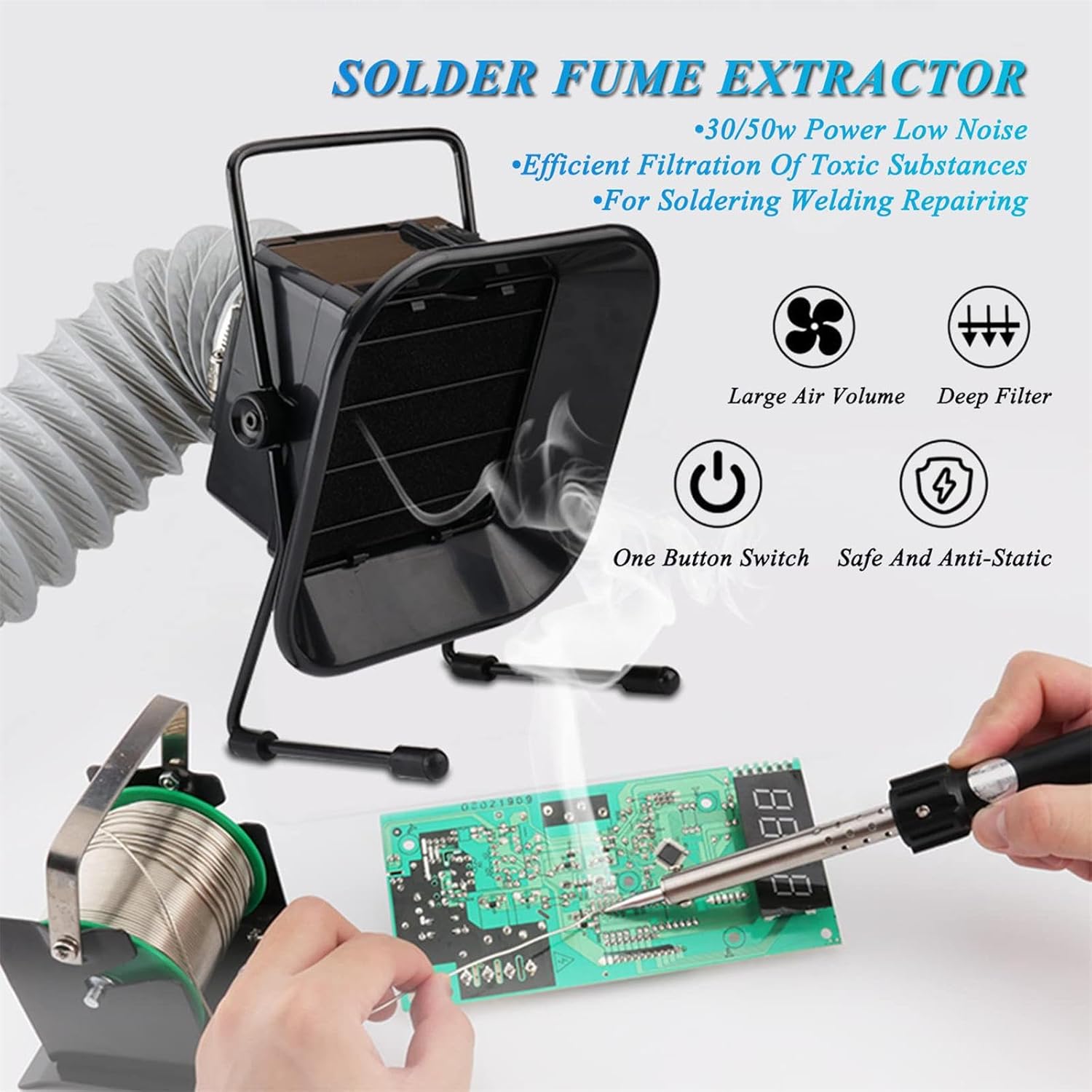 30/50W Solder Smoke Absorber Remover, Solder Fume Extractor Soldering Exhaust Fan with Tube, Deep Purification Filtration,30W-3mTube