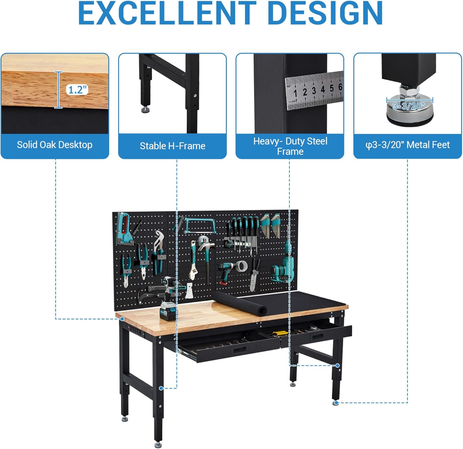 60 Inch Adjustable Work Table, 3000 Lbs Capacity Rubber Wood Tabletop Workbench, Heavy Duty Work Bench Table with 2 Drawers & Pegboard for Garage Woodworking Shop, with Power Outlet & Pegboard