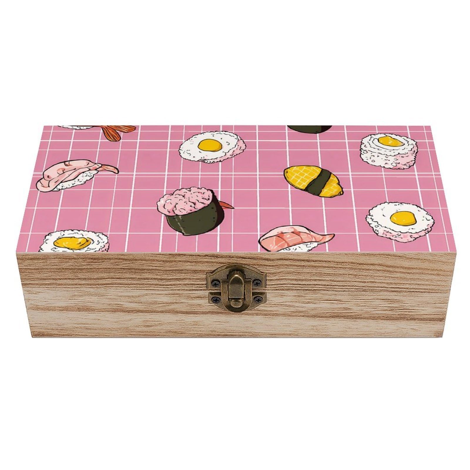 HLBSDM Sushi1 Shrimp Tuna Plaid Wooden Storage Box Craft Memory Keepsake Treasure Chest Box Jewelry Organizer