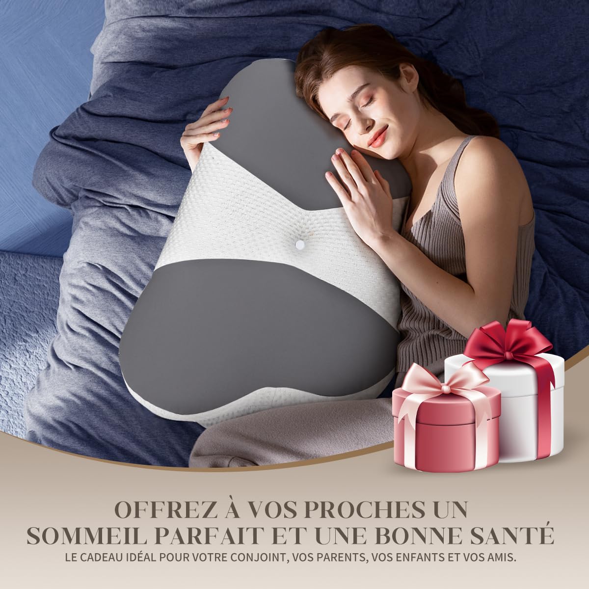 Oreiller Ergonomique Cervical,Oreiller Memoire Forme Papillon Rafraîchissant,Convient dormeurs côté, Dos, Ventre, Housse Amovible Lavable en Machine, Gris Clair