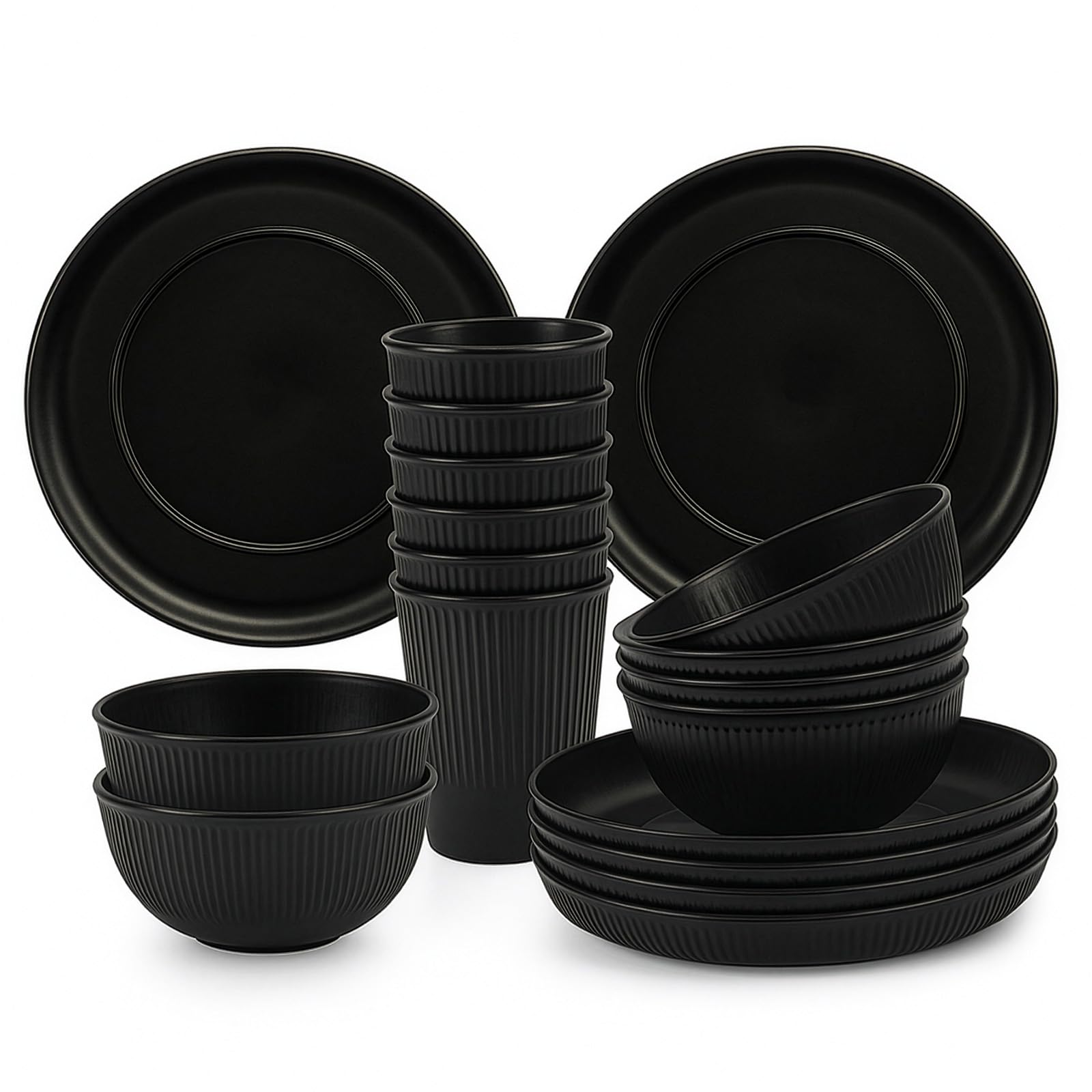 GREENSAPPIRE 18Pcs Plates and Bowls Set Camping Plates Unbreakable Dinner Set for 6 -Platess and Bowls Set for Home Picnic Lightweight Microwave Dishwasher (Black)