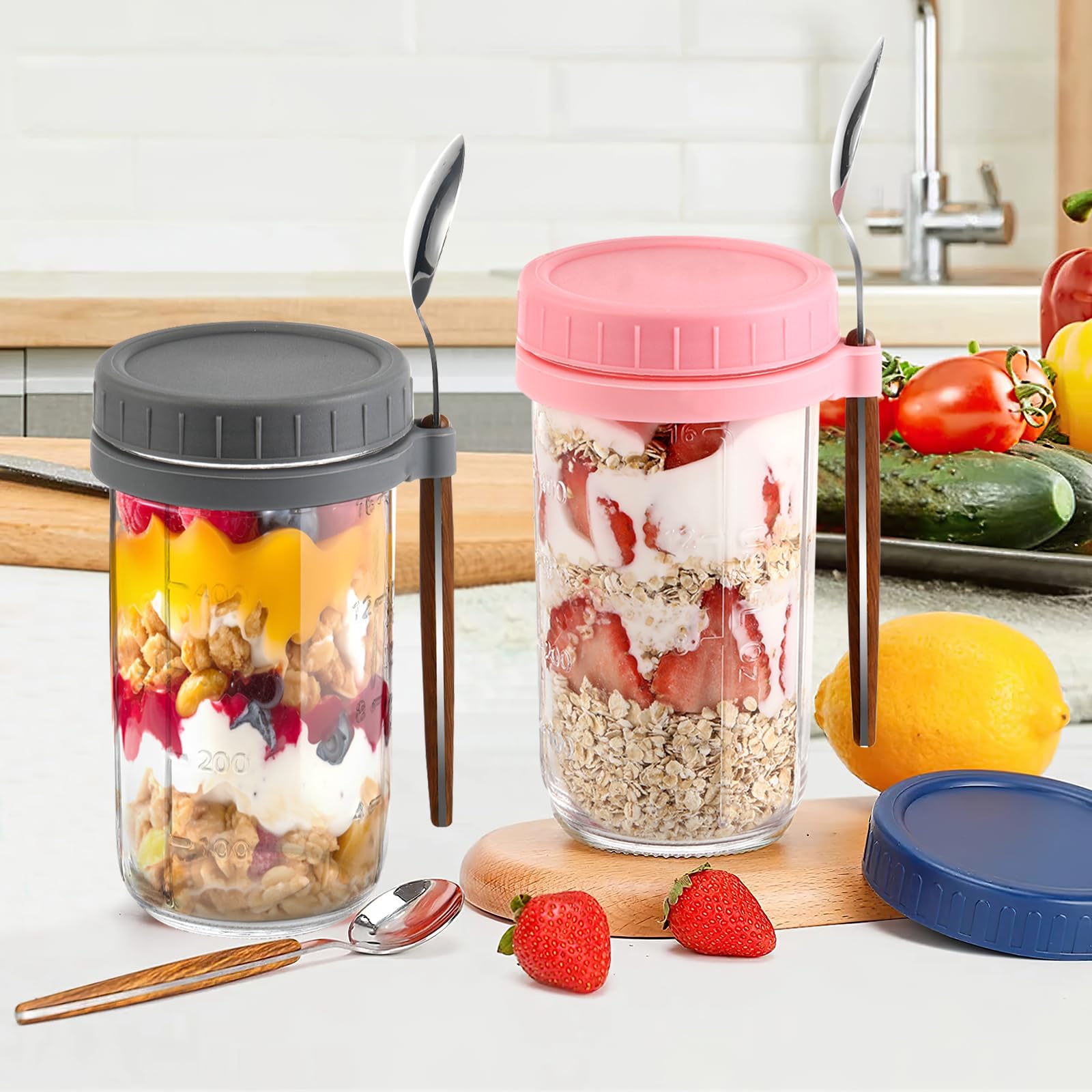 Pavlleen Tarros de Cristal 600ml con Tapa y Cuchara - Tarros de Avena Nocturna Portátil, Mason Jars con Medidor para Cereales, Leche, Yogur y Fruta