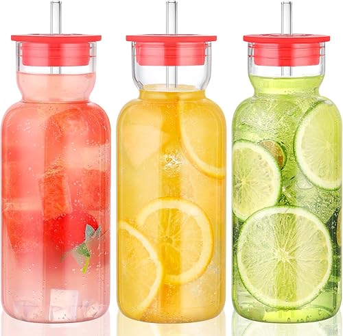 Miniatura 14 de Tazas de vidrio CWHHRN de 17 oz con tapa y pajita, vaso de vidrio con pajita y tapa, vajilla vintage de vidrio para whisky, cóctel, cerveza, jugo, 3