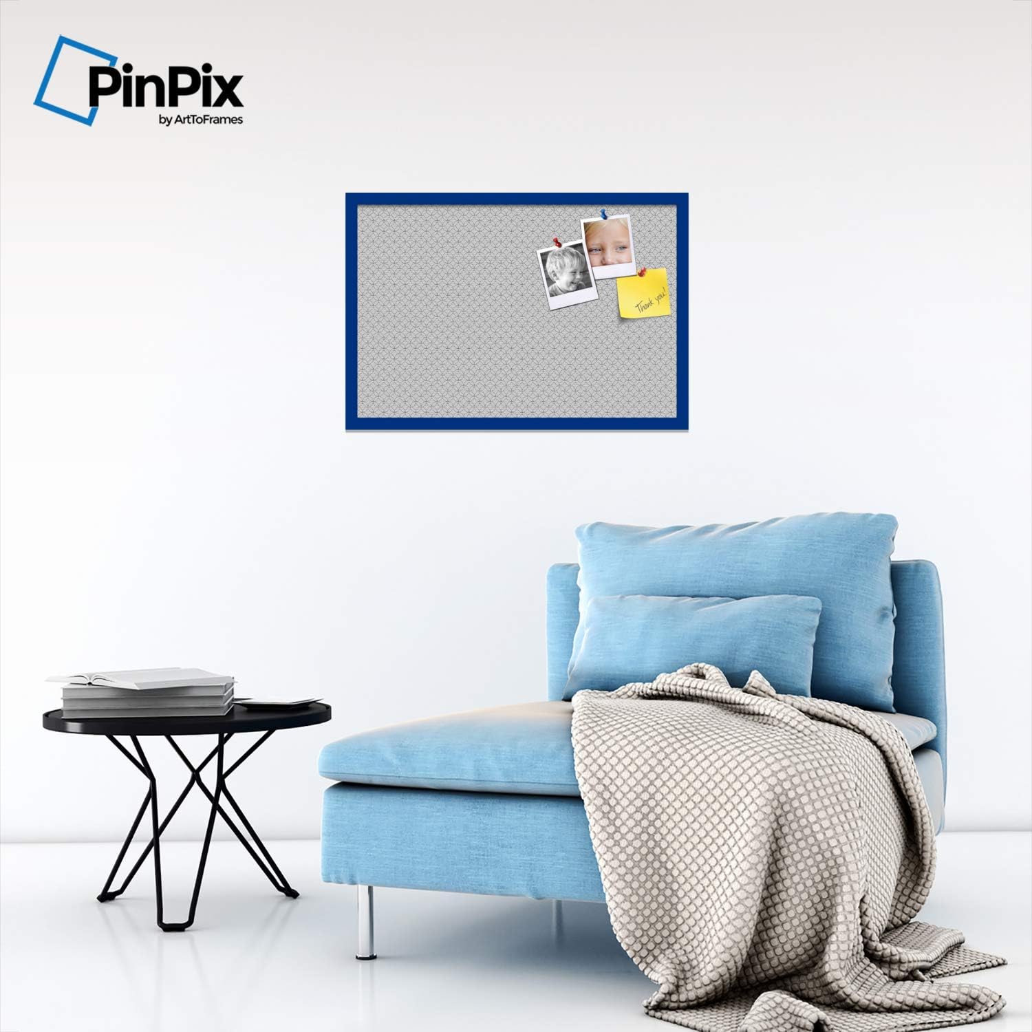 ArtToFrames 30x20 Custom Cork Bulletin Board. This Seamless Circles Black and White Pin Board Has a Fabric Style Canvas Finish, Framed in Blue Stain on Beech (PinPix-117-30x20_0066-81792-YBLU)