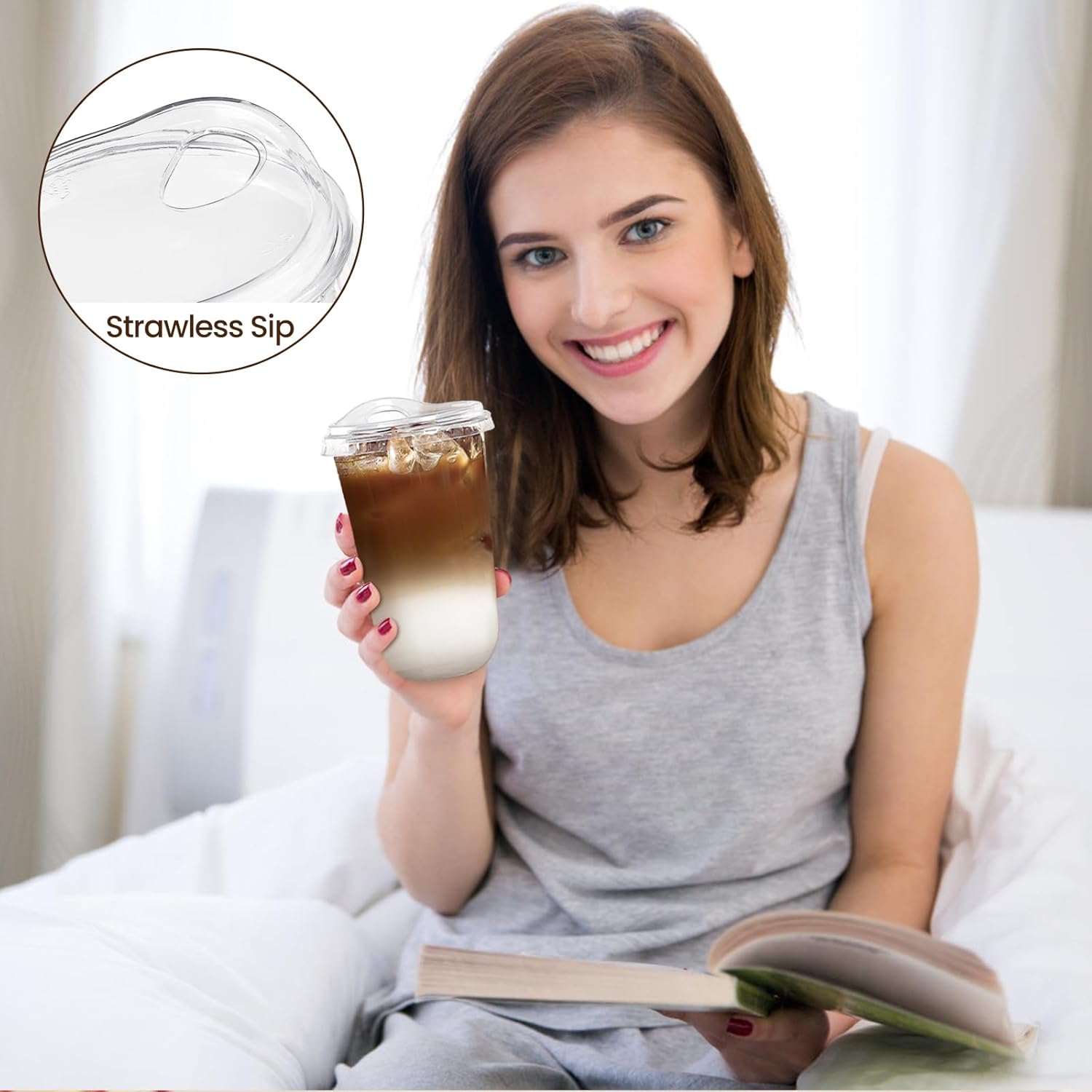 Qeirudu 18 Oz Round Bottom Clear Plastic Cups with Strawless Sip Lids, 50 Pack Disposable Iced Coffee Cups To Go Cups for Cold Drinks, Smoothie, Juice, Milkshake - Image 5