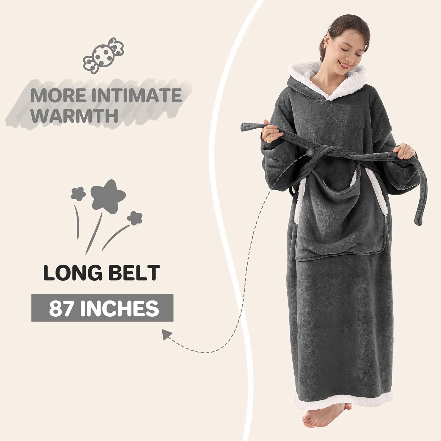 Wearable Blanket Hoodie with Cat Pouch, Gifts for Women Mom Girlfriend Pet Lovers, Extra Soft Sherpa Fleece & Cozy Flannel Blanket Sweatshirt, Standard Size Dark Gray - Image 2