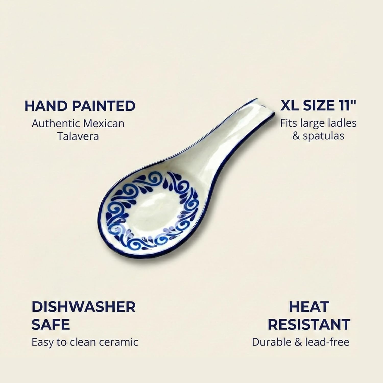 Talavera Spoon Rest, Hand-Painted Ceramic Utensil Holder for Stove or Counter, 11 x 4 Inch, White Mexican Floral Circular Pattern, Made in Mexico, Dishwasher and Microwave Safe - Flores Circulares