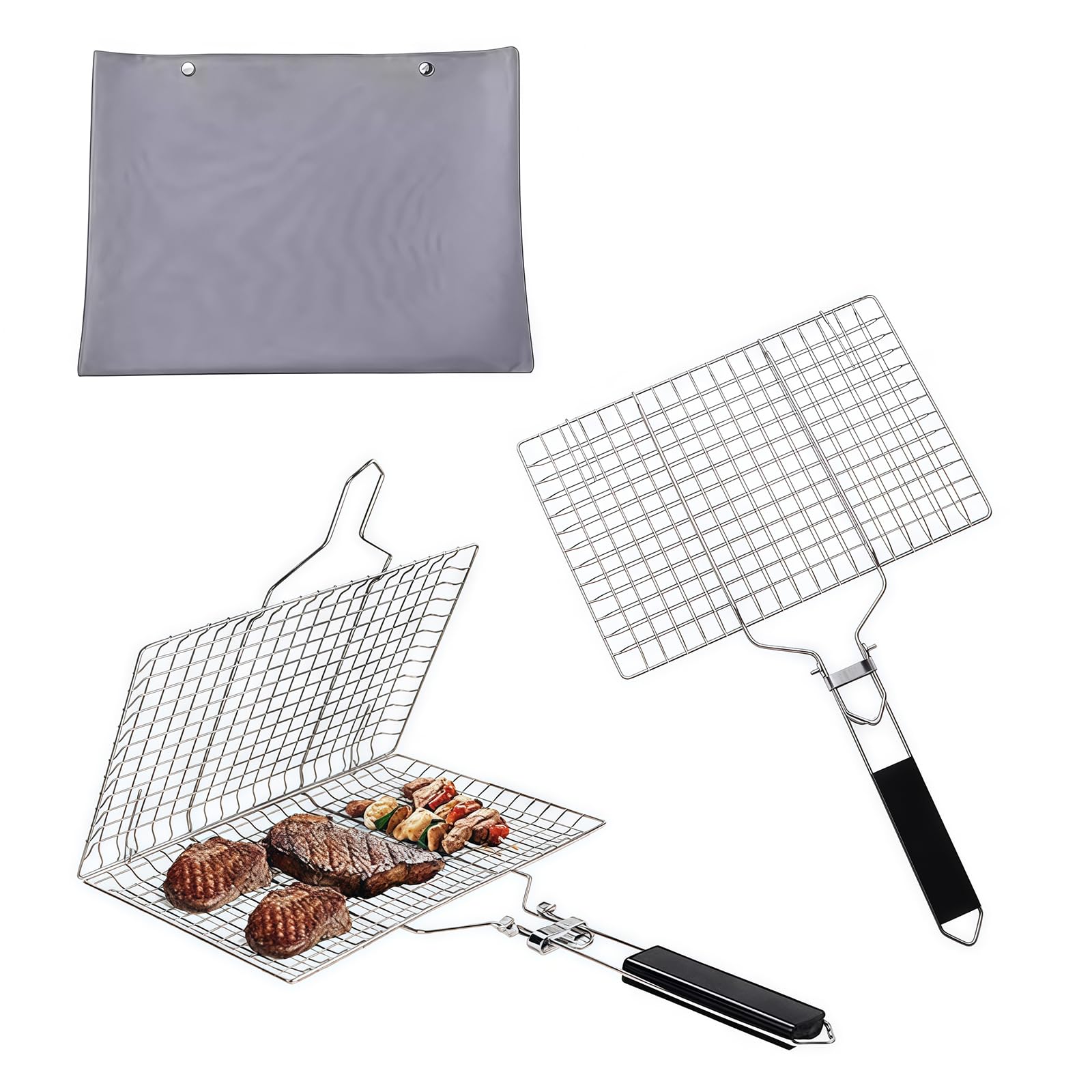 Lot De 2 Paniers De Barbecue Portables, Paniers De Grillades De Poisson Pliables, Paniers De Barbecue Pliables En Acier Inoxydable Avec Poignée En Bois Amovible Pour Poisson Rôti, Brochettes