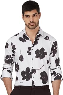 MUFTI Men Shirt | Slim Fit Full Sleeve Spread Collar Floral Print Design | 100% Cotton Sateen Fabric for Party & Smart Casual Wear