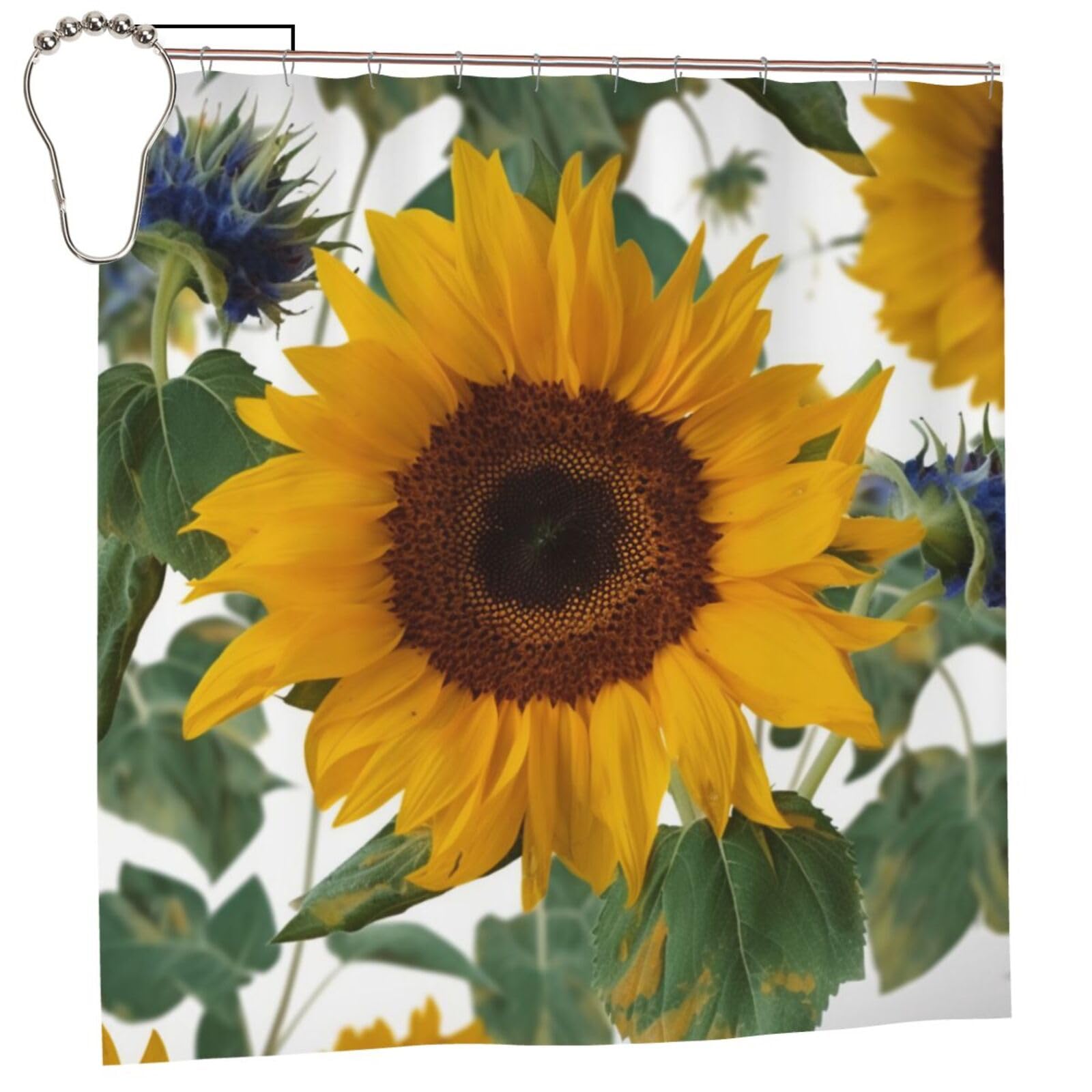 BWWHCCTI Sunflower Printed Shower Curtain With 12 Iron Hooks Opaque Quick Drying Waterproof Shower Curtains Sets For Bathroom 183x183 CM