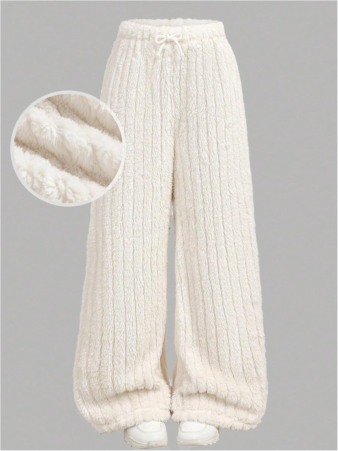 Girl's Ribbed Knit Faux Fur Pants High Waisted Wide Leg Pants Casual Home Wear Trousers