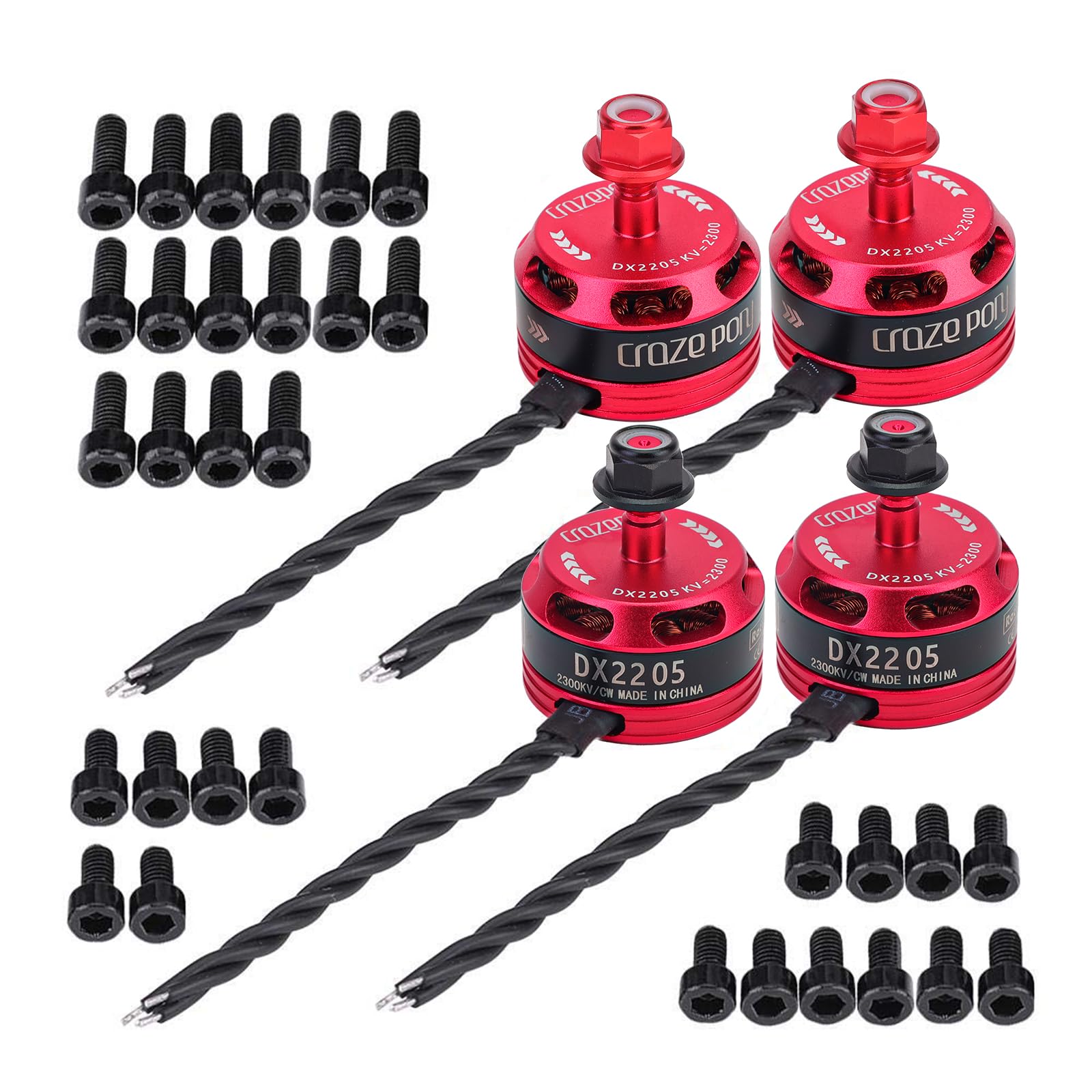 4PCS DX2205 2300KV Bürstenloser Motor, 2-4S für FPV Racing Drohne | Bürstenlose Motoren Racing Edition rot für 2-4S Lipo-Akkus, geeignet für QAV210, X220, QAV250 Racing-Drohnen (2CW 2CCW)