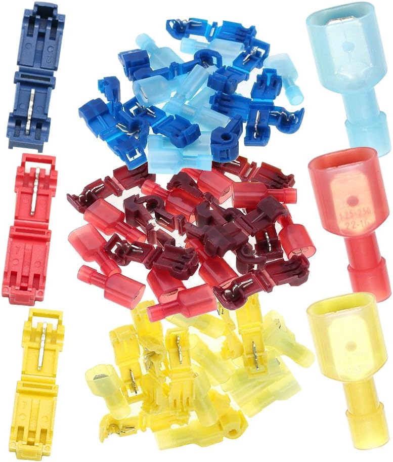 T-Tap Wire Terminals 60PCS/30 Pairs Quick Splice Electrical Connectors Self-Stripping and Nylon Fully Insulated Male Spade Disconnect Kit