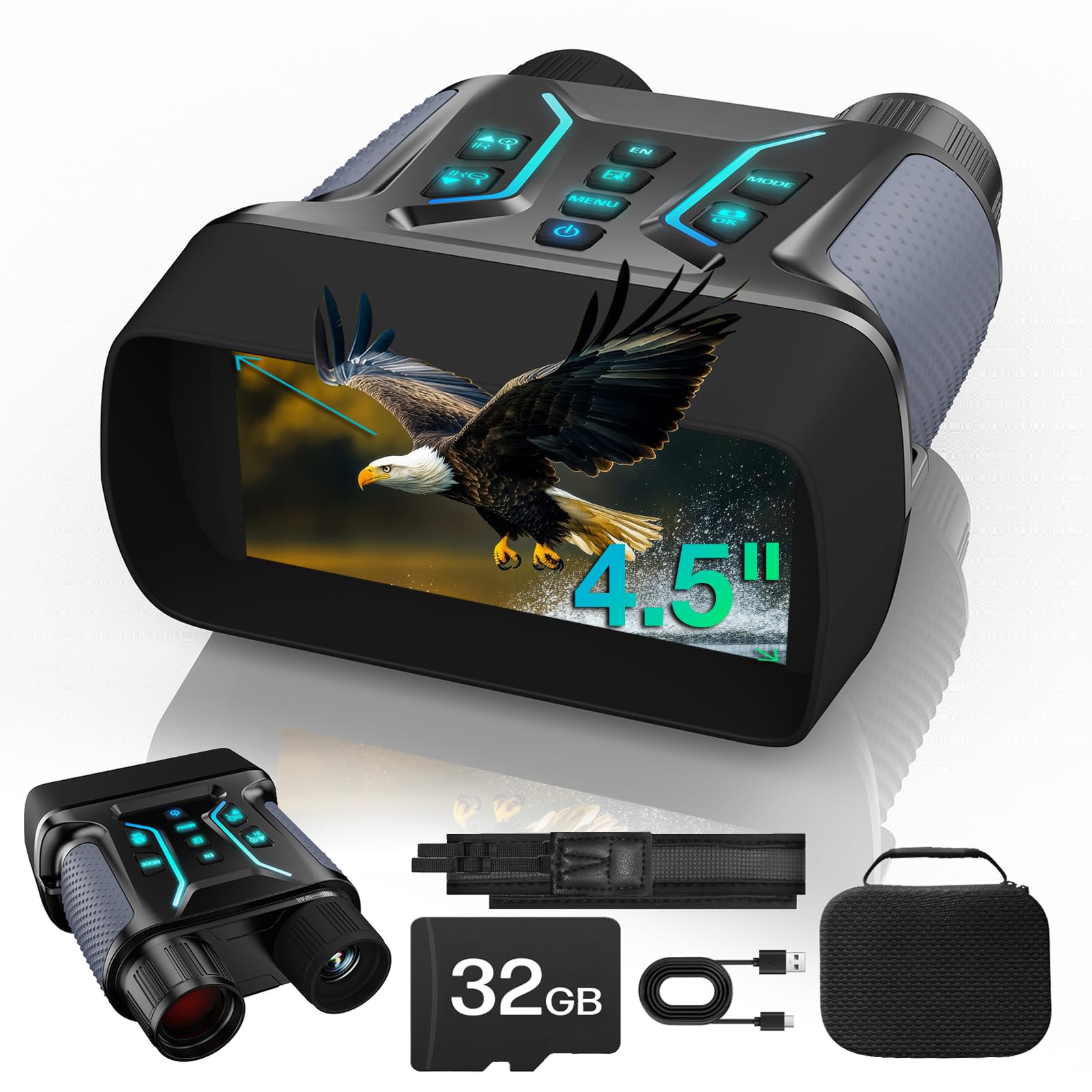 Binoculares Visión Nocturna 4K, 36MP Binoculares Visor Nocturno con Zoom Digital 8X, Recargables 4500mAh, Pantalla HD de 4,5", 7 Niveles Visión Infrarroja, Cámping, Tarjeta TF de 32 GB
