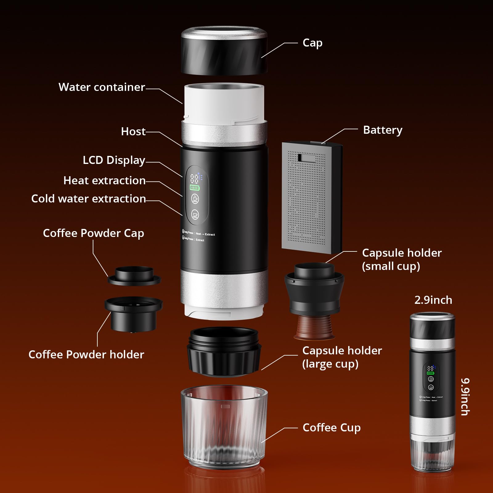 Cafetera portátil 3 en 1, cafetera de cápsulas expreso cafetera recargable con batería de 2 × 7500 mAh,compatible con cápsulas Ness-preso, Dolce-Gusto, para camping, oficina, viaje